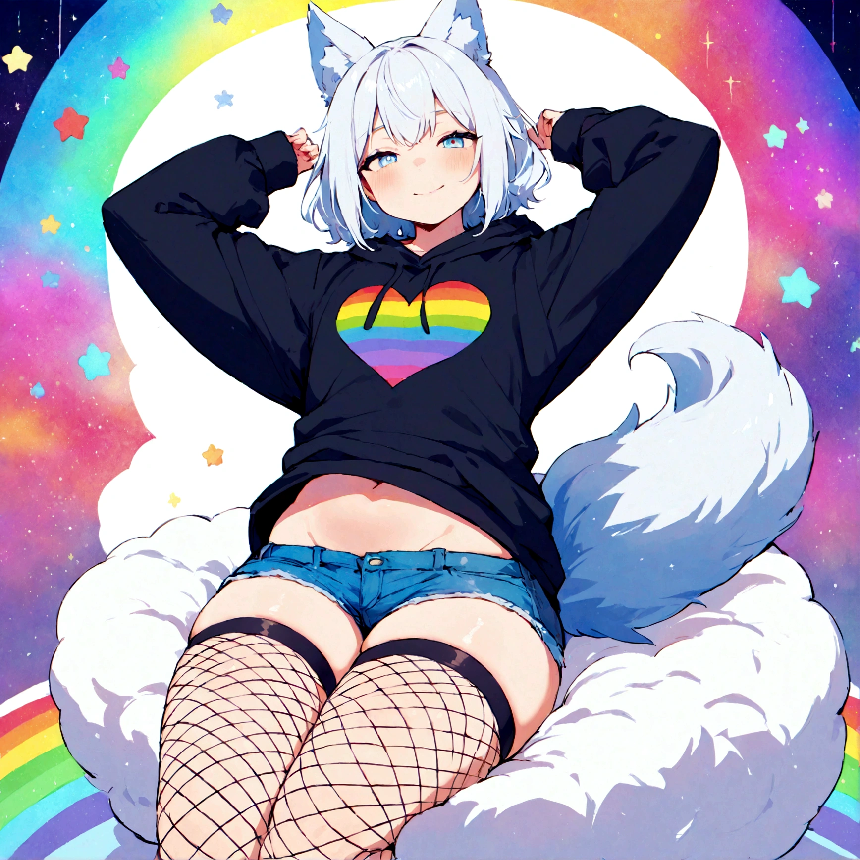 a cute adult male with wolf ears, white hair, has a wolf tail, wearing a loose cropped oversized black hoodie, wearing a pair of denim short shorts and thigh high fishnet stockings, thick thighs, wide hips, relaxing on mound of fluffy multi colored kawaii plushies, short, very slim, showing slender tummy, stretching out, heart on hoodie, squishy thighs, has glowing blue eyes. alone, solo (ALONE)(SOLO), surrounded by rainbows, colorful galaxy backround, wipe opened mouth smile