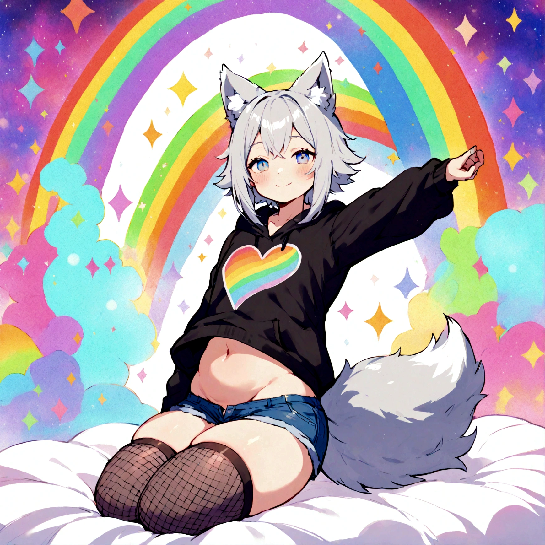 a cute adult male with wolf ears, white hair, has a wolf tail, wearing a loose cropped oversized black hoodie, wearing a pair of denim short shorts and thigh high fishnet stockings, thick thighs, wide hips, relaxing on mound of fluffy multi colored kawaii plushies, short, very slim, showing slender tummy, stretching out, heart on hoodie, squishy thighs, has glowing blue eyes. alone, solo (ALONE)(SOLO), surrounded by rainbows, colorful galaxy backround, wipe opened mouth smile