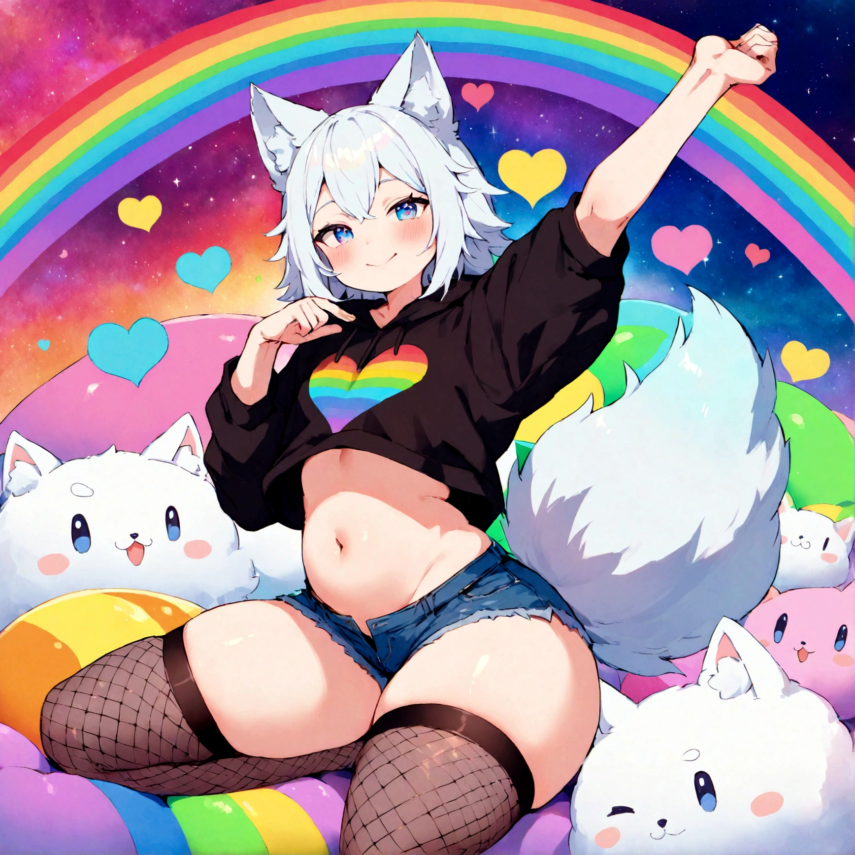 a cute adult male with wolf ears, white hair, has a wolf tail, wearing a loose cropped oversized black hoodie, wearing a pair of denim short shorts and thigh high fishnet stockings, thick thighs, wide hips, relaxing on mound of fluffy multi colored kawaii plushies, short, very slim, showing slender tummy, stretching out, heart on hoodie, squishy thighs, has glowing blue eyes. alone, solo (ALONE)(SOLO), surrounded by rainbows, colorful galaxy backround, wipe opened mouth smile