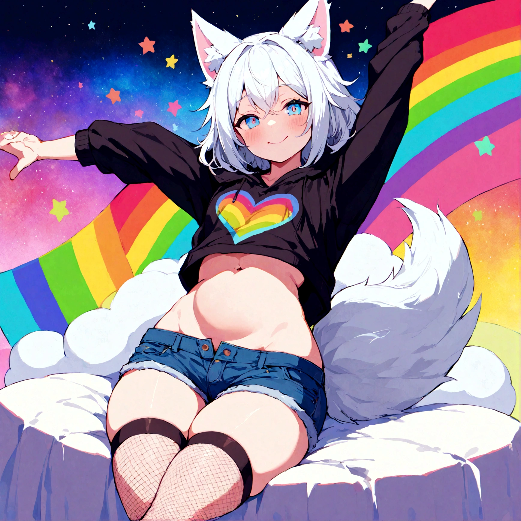 a cute adult male with wolf ears, white hair, has a wolf tail, wearing a loose cropped oversized black hoodie, wearing a pair of denim short shorts and thigh high fishnet stockings, thick thighs, wide hips, relaxing on mound of fluffy multi colored kawaii plushies, short, very slim, showing slender tummy, stretching out, heart on hoodie, squishy thighs, has glowing blue eyes. alone, solo (ALONE)(SOLO), surrounded by rainbows, colorful galaxy backround, wipe opened mouth smile
