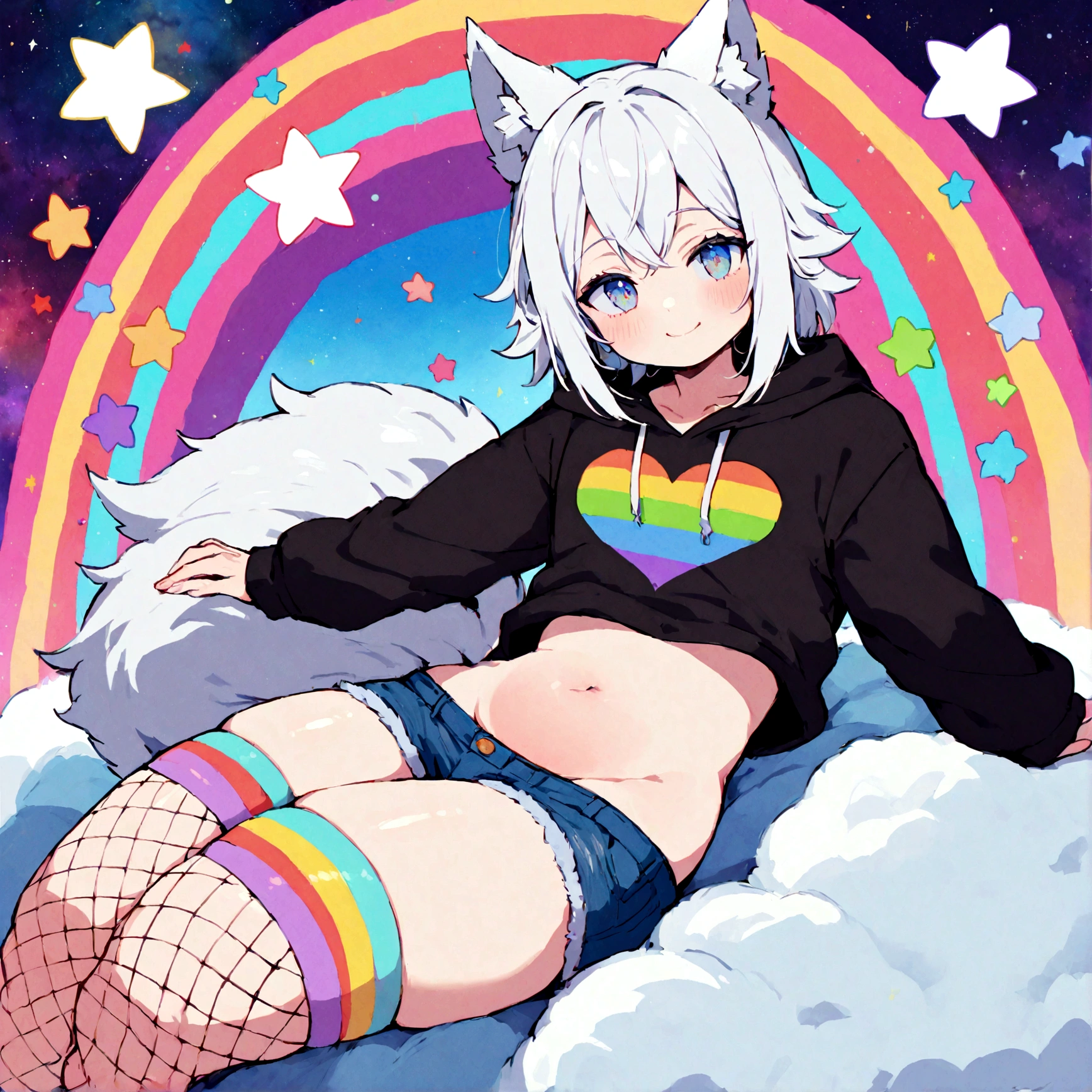 a cute adult male with wolf ears, white hair, has a wolf tail, wearing a loose cropped oversized black hoodie, wearing a pair of denim short shorts and thigh high fishnet stockings, thick thighs, wide hips, relaxing on mound of fluffy multi colored kawaii plushies, short, very slim, showing slender tummy, stretching out, heart on hoodie, squishy thighs, has glowing blue eyes. alone, solo (ALONE)(SOLO), surrounded by rainbows, colorful galaxy backround, wipe opened mouth smile