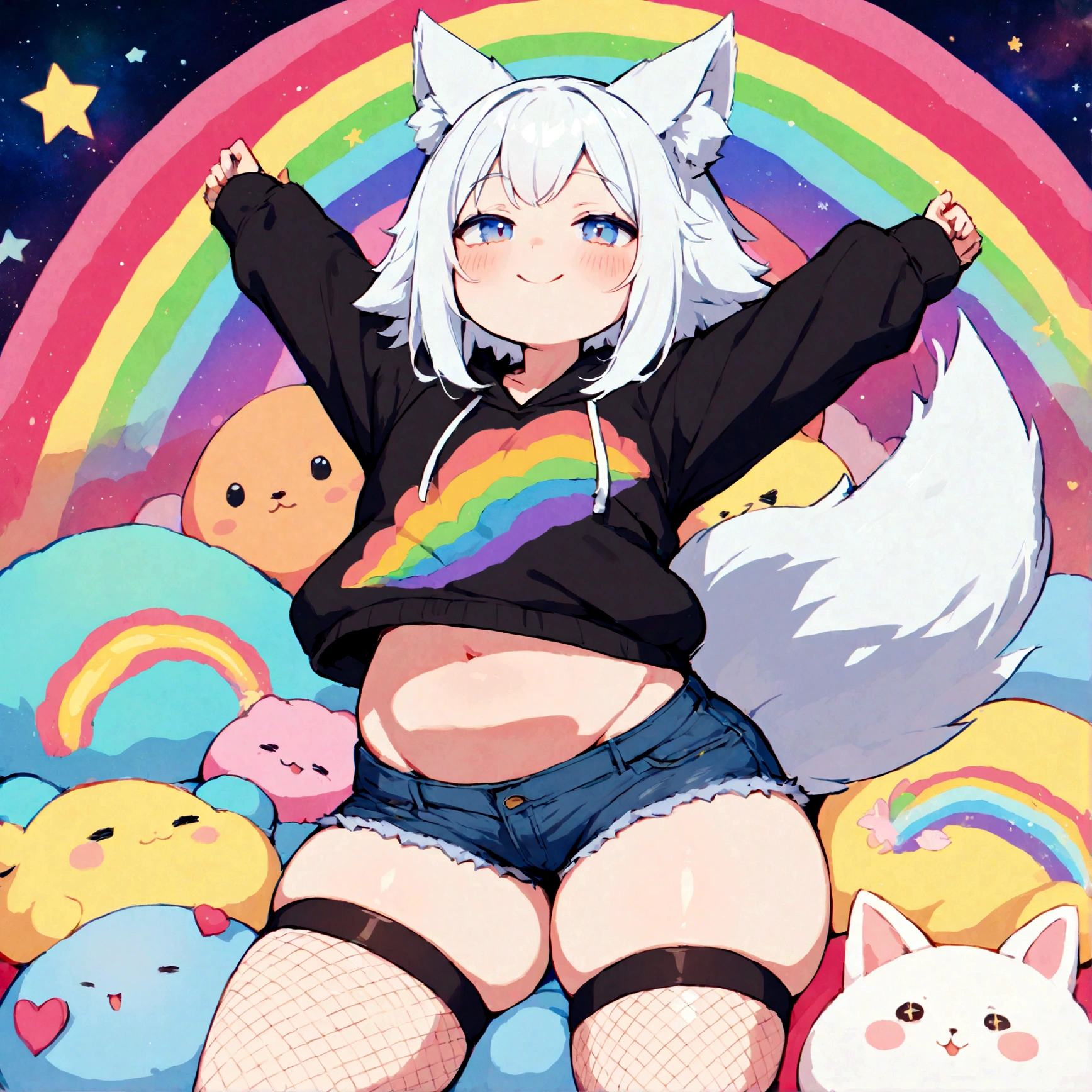 a cute adult male with wolf ears, white hair, has a wolf tail, wearing a loose cropped oversized black hoodie, wearing a pair of denim short shorts and thigh high fishnet stockings, thick thighs, wide hips, relaxing on mound of fluffy multi colored kawaii plushies, short, very slim, showing slender tummy, stretching out, heart on hoodie, squishy thighs, has glowing blue eyes. alone, solo (ALONE)(SOLO), surrounded by rainbows, colorful galaxy backround, wipe opened mouth smile