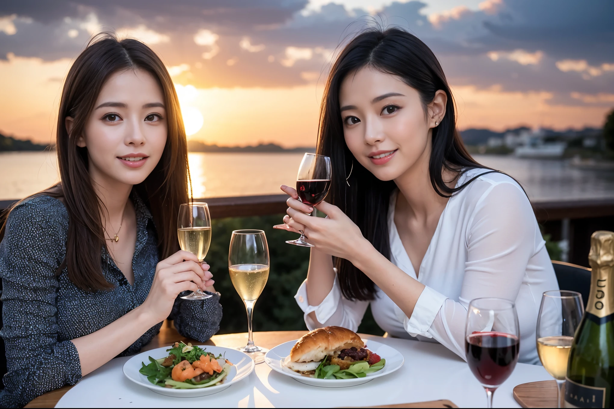 ((highest quality、8k、masterpiece:1.3))、1 male 1 female、A lover who resembles Satomi Ishihara、Beautiful couple、smile、full-course dinner、 (Slim face), (the body is スリム), (Brown Hair), (Shortcuts), ((Bob Hale、Straight hair:1.2)), テーブルの上のwine glass、Please shine a light on my face、 Amazing view of the sunset sky and clouds、 (42 years old), 39 years old, red wine 、Appetizers、Italian food、Wine bottle、Champagne、sparkling wine、Long sleeve shirt、dress、Attractive beauty、restaurant, Nova Frog Style, actress, model, Upper Body, White wine, red wine, wine glass, 