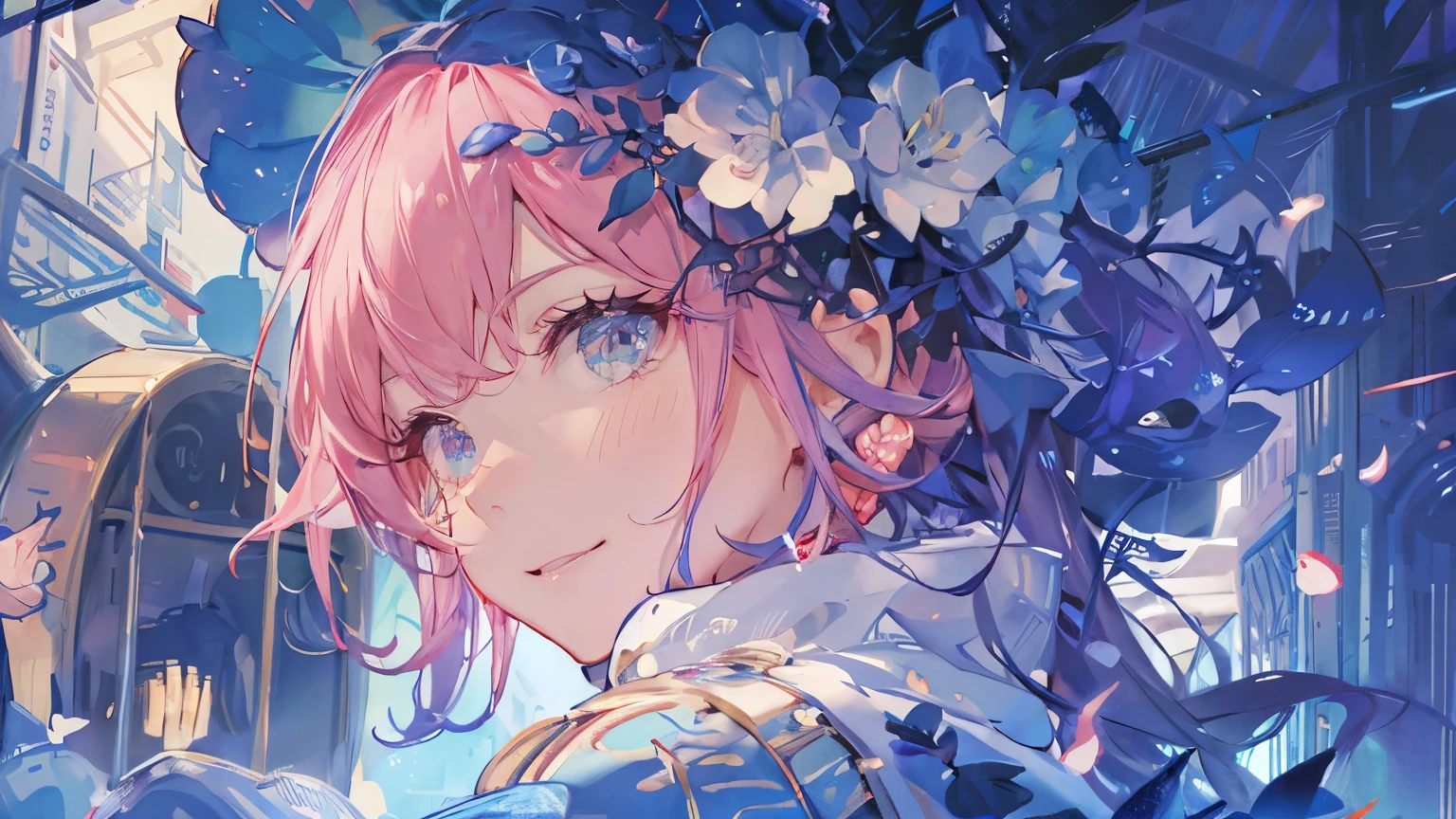Expand some,The character's position remains unchanged,More flowers around the head