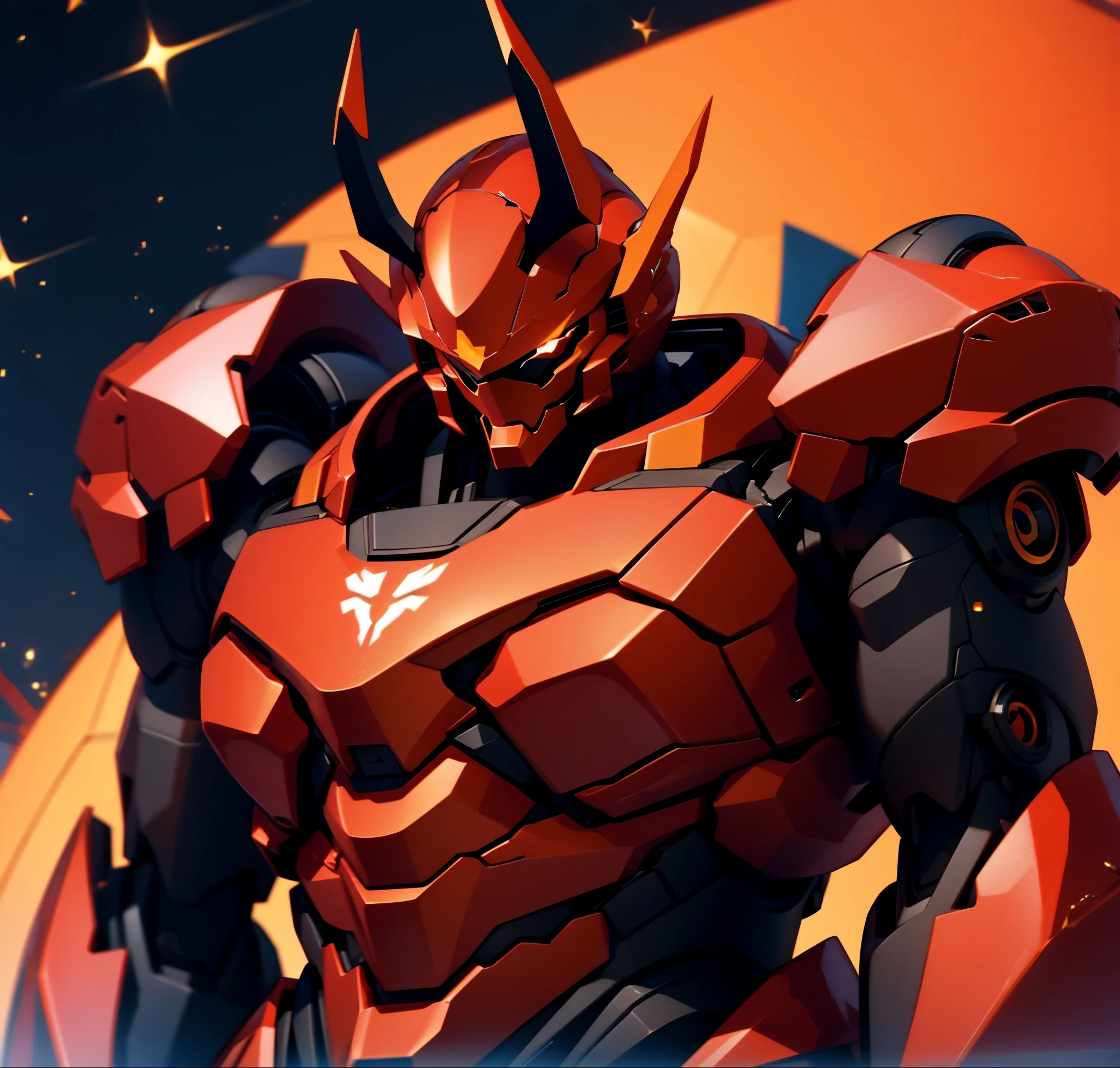 Robot, red mono eye, red body, high quality, golden horns on head, heavily armored,Robot, red mono eye, red body, high quality, golden horns on head, heavily armored, reddish-black shoulders, arm armor is an austere shade, sunset background,