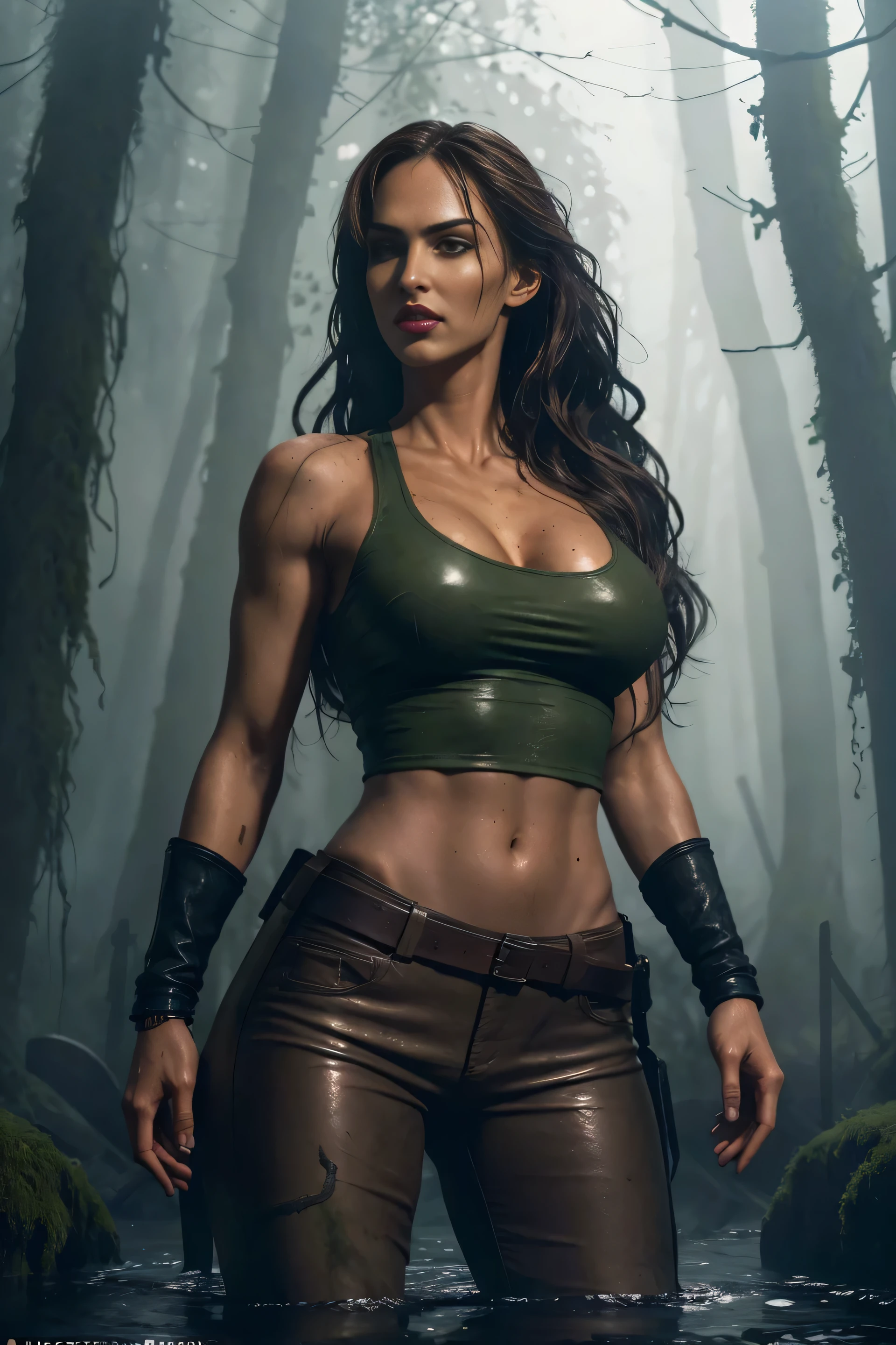 full body lara croft, long brown ponytail, brown eyes, high arched eyebrows, long graceful neck, red lips, big breasts, short tight brown leather pants, pale green sleeveless torn t-shirt, leather boots, in an ancient cemetery overgrown with abandoned plants, standing with her back among the graves stretches his hand to the moon (realistic, photorealistic, photorealistic:1.37 ), horror, dark and gloomy mood with dramatic lighting, Vibrant colors, Foggy environment, Mossy trees, detailed facial expressions, long wavy hair floating in water, Mirror images on the surface of the water, Horrifying mist