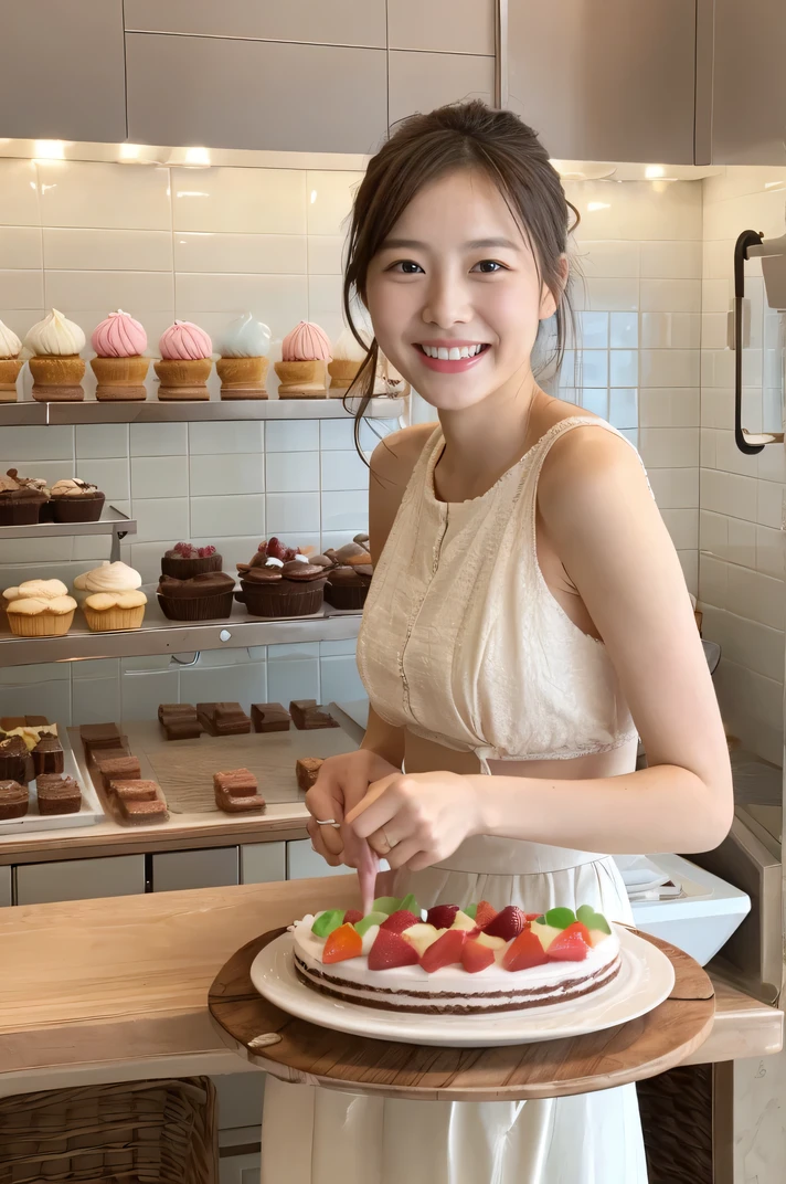 Tabletop、High resolution、Cake shop、Cake maker、30-year-old woman、Smiling for the camera、Finish as shown in the picture、Her skin is white and beautiful、Colored inside、Hair should be tied back、Slender
