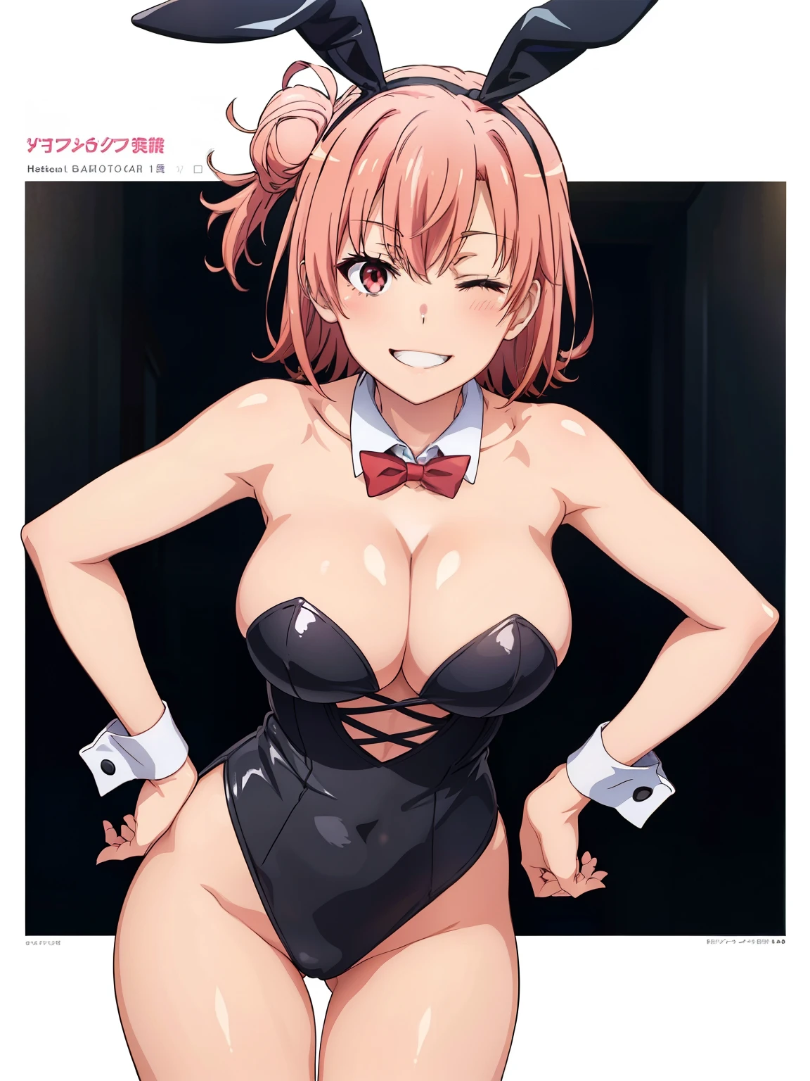 ((masutepiece, Best Quality, hight resolution, nffsw, Perfect Pixel, depth of fields, 4K, )), 1girl in, Solo, , Beautiful anime girl, Beautiful Art Style, close up, Looking at Viewer, Perfect body, Yuigahama Yui, Short hair, pink hair, hairbun, (large boob), cleavage, black playboy bunny, red bowtie, smiling, winking, wink, one eye closed, hands on hips, blank white background, cowboy shot