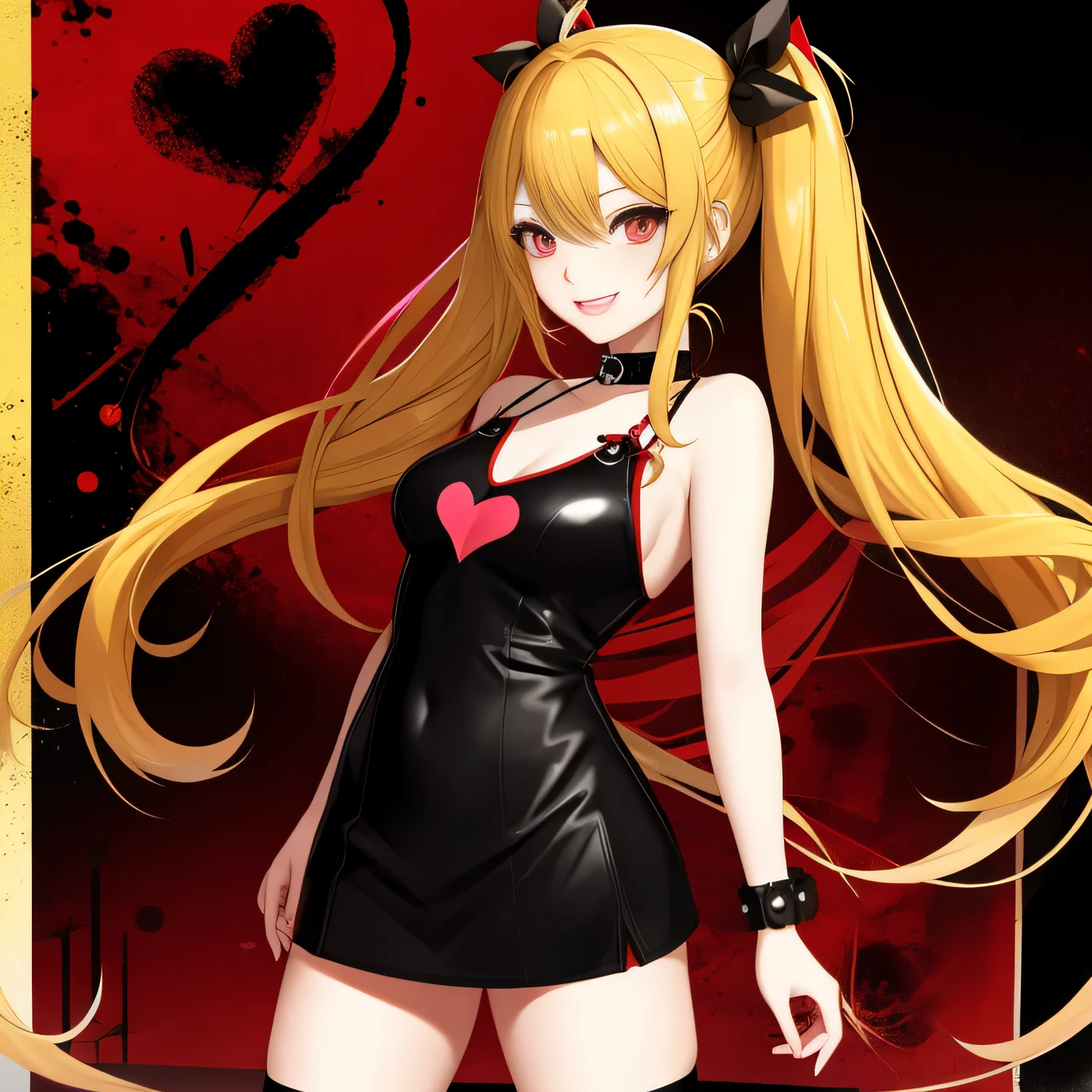 full body Esbian, masutepiece: 1.2, Highest Quality), (Live-action, elaborate details), (1 Lady, Solo, Upper body,) Clothing: Edgy, Black long jumper, red miniskirt, long hair with blonde twin tails,,,,,,,、Avant-garde, Experimental appearance: Long blonde twin tail hair 、Red eyes、Heart-shaped choker、The location: karaoke、Solo, Nice smile、Value Creation in Mixed Media Art: individuality, authenticity, Creative expression