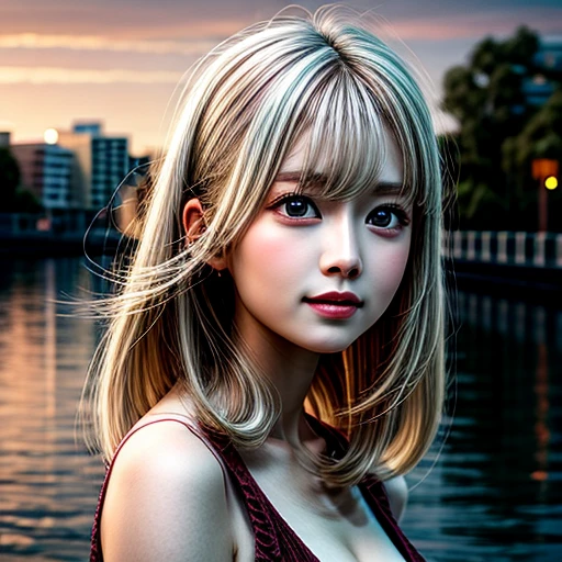 KAWAII girl in RED Tube-Top dress Stroll along evening Harbor, (Acutance:0.85), ZoomLayer, Masterpiece of 8K Ultra-detailed, (VolumetricLighting), (RAW Photo-realistic:1.37), (Close-up:1.38), (Sunseting colorful sky), (Dazzling bokeh:1.32), { (Golden ray illuminating face) | (Photon Particles:0.95) | (Fluttering Hair in wind:1.4) } . BREAK (((Extremely detailed NOGIZAKA face))), perfect anatomy, Childish, CaptivatingGaze, Elaborate detailed Eyes with (Sparkling Highlights:1.28), (Voluminous Long Eyelashes:0.88)、Glossy RED Lips with beautiful details, Coquettish Tongue, Rosy Cheeks, (Detailed Flawless Skin with glowing DowneyHair, Radiant PearlSkin with Transparency) , Shiny SilkyHair, Random Solid HairColor. { (joyful expressions) | (:d) }, (Large eyes:-1, Tree:-1).