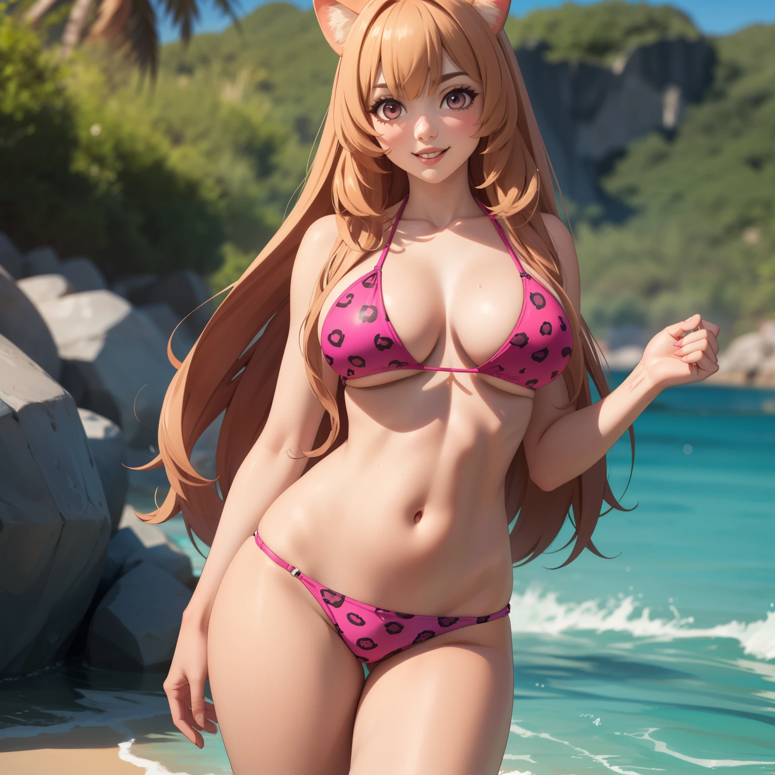 raphtalia, woman 35 years old blonde hair , orejas de gato, ojos amarillos., sonrisa seductoras, piel oscura, big breasts pink bikini jaguar design, breasts in front of the camera in close-up. de pie cuerpo completo. pose sexy.. fondo un balneario lujoso, manos perfectas. cuerpo mojado, orejas de gato.