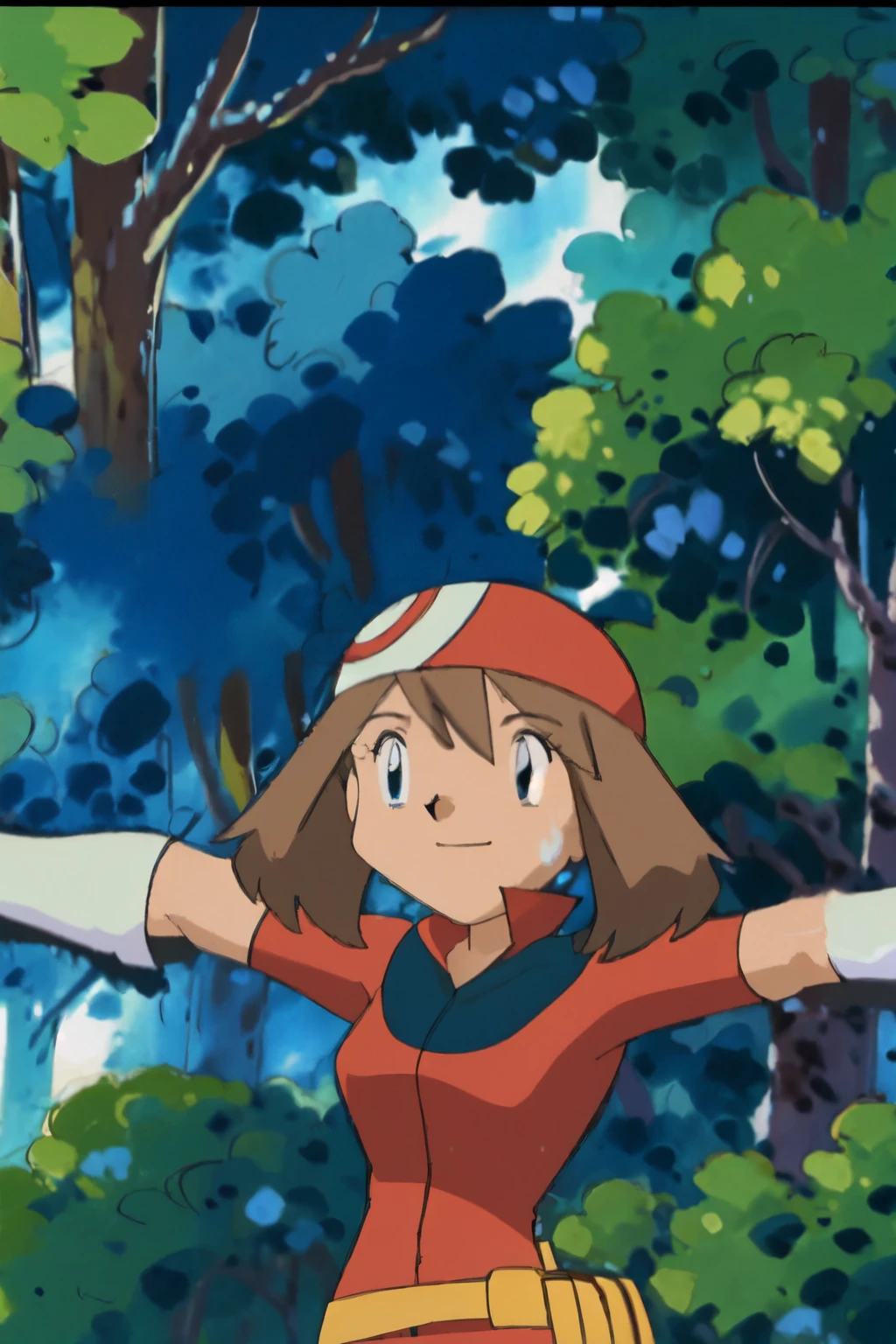 May, sleeveless,red top,sweating,smiling,forest in background, village, blue sky, high quality, masterpiece mature appearance,armpits,sweat,sweaty,sweaty armpits,arms up,showing armpits,awesome armpits,outfit,blackish red arm warmers,maroon arm bands, maroon arm warmers,both arms raised