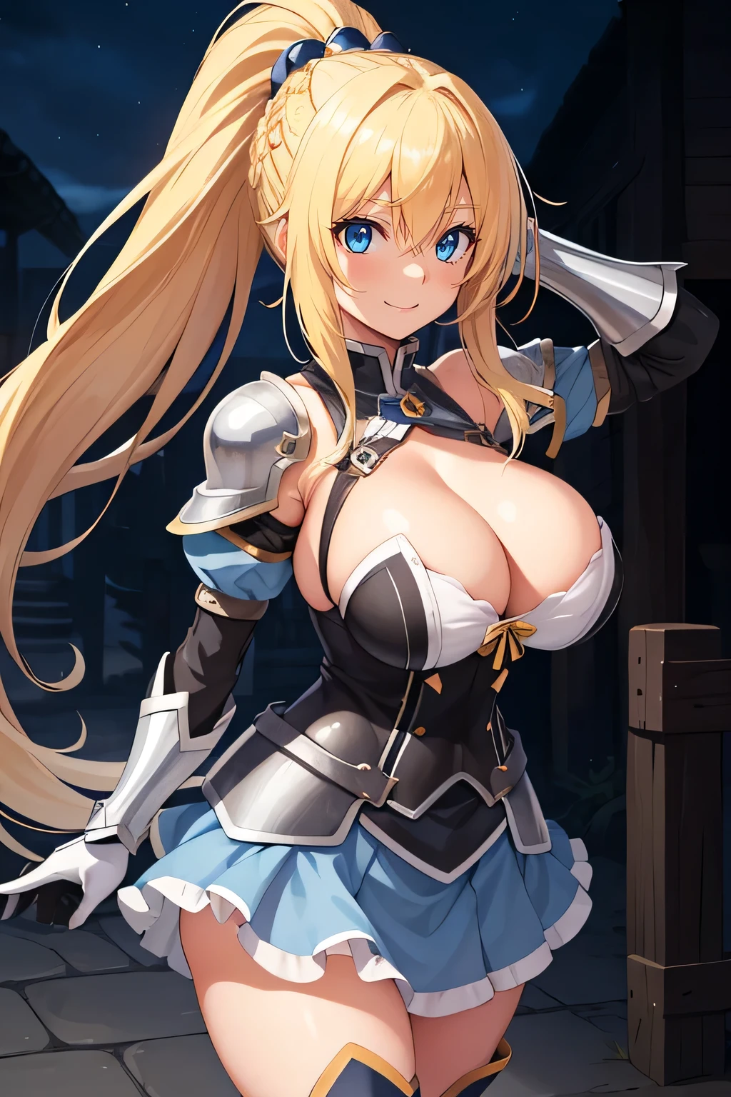 highest quality, High resolution, One girl, Long Hair, Blonde Hair, x hair ornaments, armor, blue eyes, ponytail, hair ornaments, gloves, shoulder armor, Braiding, black gloves, Scapula, White boots, darkness \(KonoSuba\), ((Big Breasts)), ((Huge breasts)), Cowboy Shot, Dark city alleys , smile,