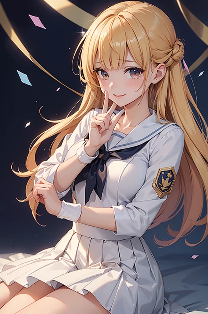 masterpiece、Soft Focus , Bright gradient watercolor、Tabletop, High resolution, 8k, Anime Women, Delicate and detailed writing 、Detailed digital illustration、high resolution, high quality、Detailed Background、Close-up photo、(((Two arms、Four fingers, One thumb)))、Detailed female face、
(highest quality:1.2, Very detailed, High Contrast, masterpiece:1.2, highest quality, Best aesthetics), Golden trophy and high school girl, Sailor suit, ((Detailed fingers, Browse 4, Thumb 1, Beautiful fingers, delicate)), fun experience, Smiles and tears, Sparkling confetti of celebration, A lavish celebration, Detailed trophy decoration, Illustrious career, triumphant moment,