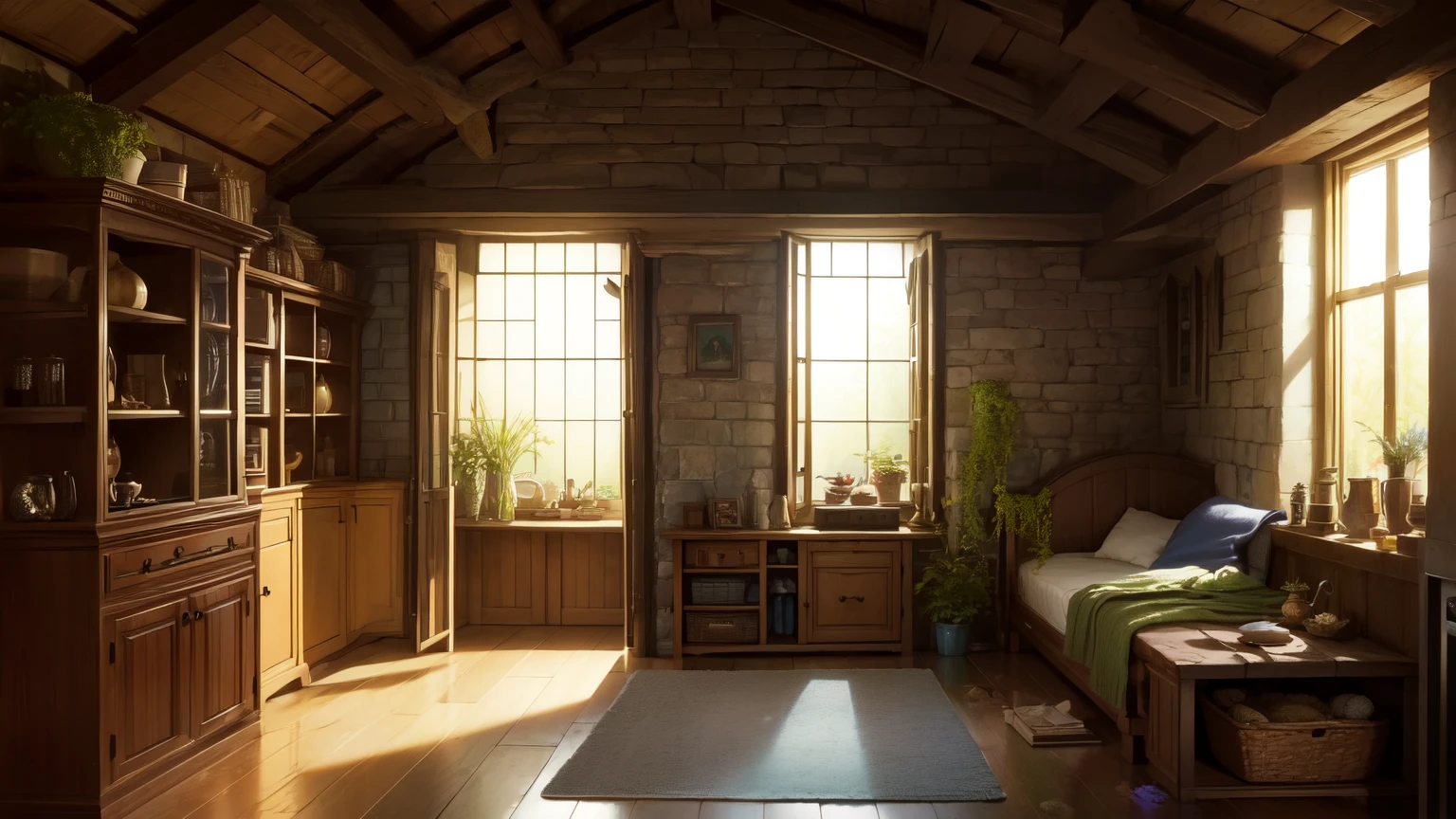 (Best quality), (Masterpiece), a fairy-tale hobbit's bed room in a low Cave with a Colorful gravel Fireplace, outside a large window Glass Door on one wall with a rainy landscape, a room with colorful gravel Round bricks, a mysterious and fairy-tale atmosphere, vases and plants, a fluffy wool Blanket on the floor, ladder bed