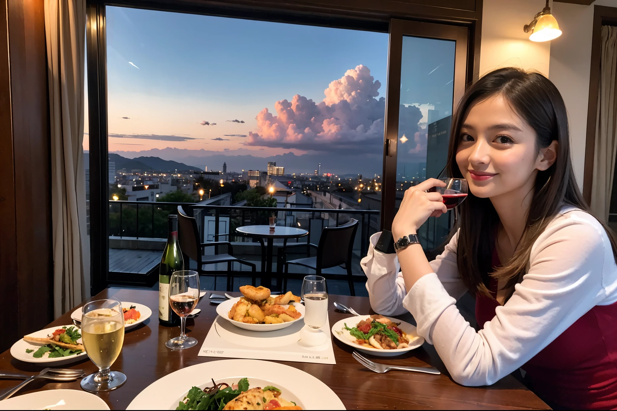 ((highest quality、8k、masterpiece:1.3))、1 male 1 female、lover、Beautiful couple、Japanese couple、Smile、full-course dinner、 (Slim face), (the body is スリム), (Brown Hair), (Shortcuts), ((Bob Hale、Straight hair:1.2)), テーブルの上のwine glass、Please shine a light on my face、 Amazing view of the sunset sky and clouds、Shortcuts,Bright Face、 (36 years old), 39 years old, red wine 、Appetizers、Italian food、Wine bottle、Champagne、sparkling wine、Long sleeve shirt、dress、Attractive beauty、restaurant, Nova Frog Style, actress, model, Upper Body, White wine, red wine, wine glass,