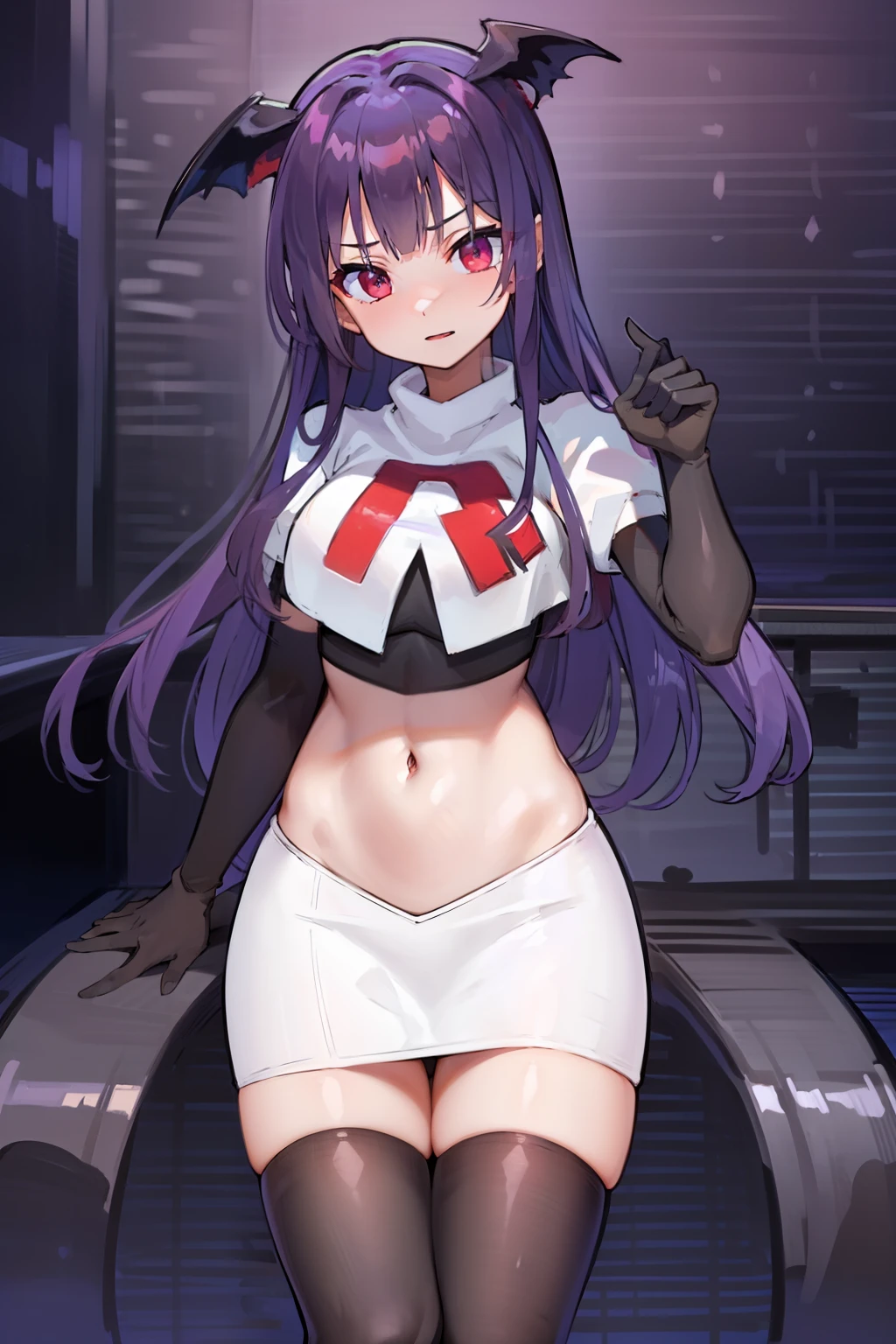 masterpiece, hd, 1girl, mythia, purple long hair, bat ears, red eye, team rocket,team rocket uniform,white skirt,red letter R,crop top,black thigh-highs,black elbow gloves