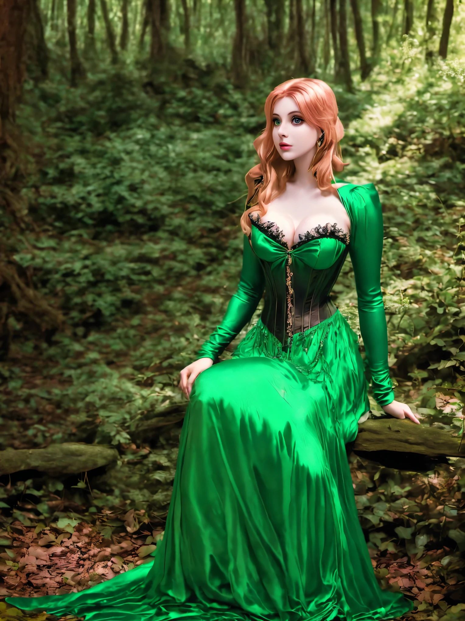 arafed woman in a green dress sitting in the woods, a photo by Elena Guro, tumblr, gothic art, amouranth, queen of the forest, fey queen of the summer forest, glamourous cosplay, triss merigold cosplay, better known as amouranth, goddess of the forest, amouranth as a super villain