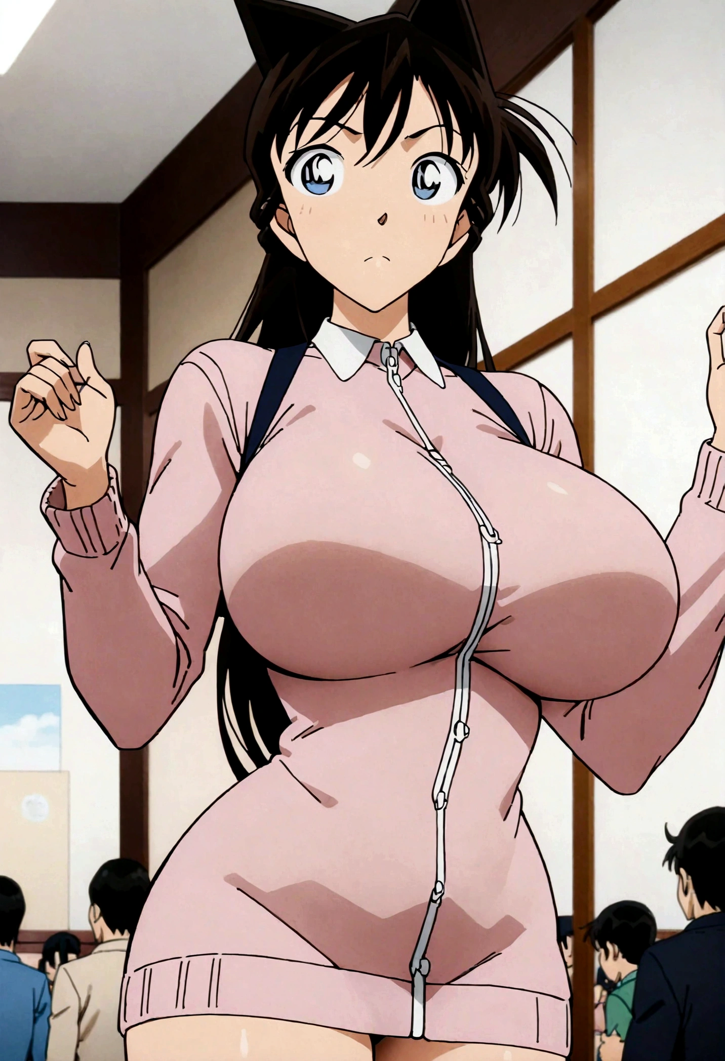 Pink sweater black hair big breast beauty，pure，cute，high quality，masterpiece，Perfect body，full-body shot，Anime style