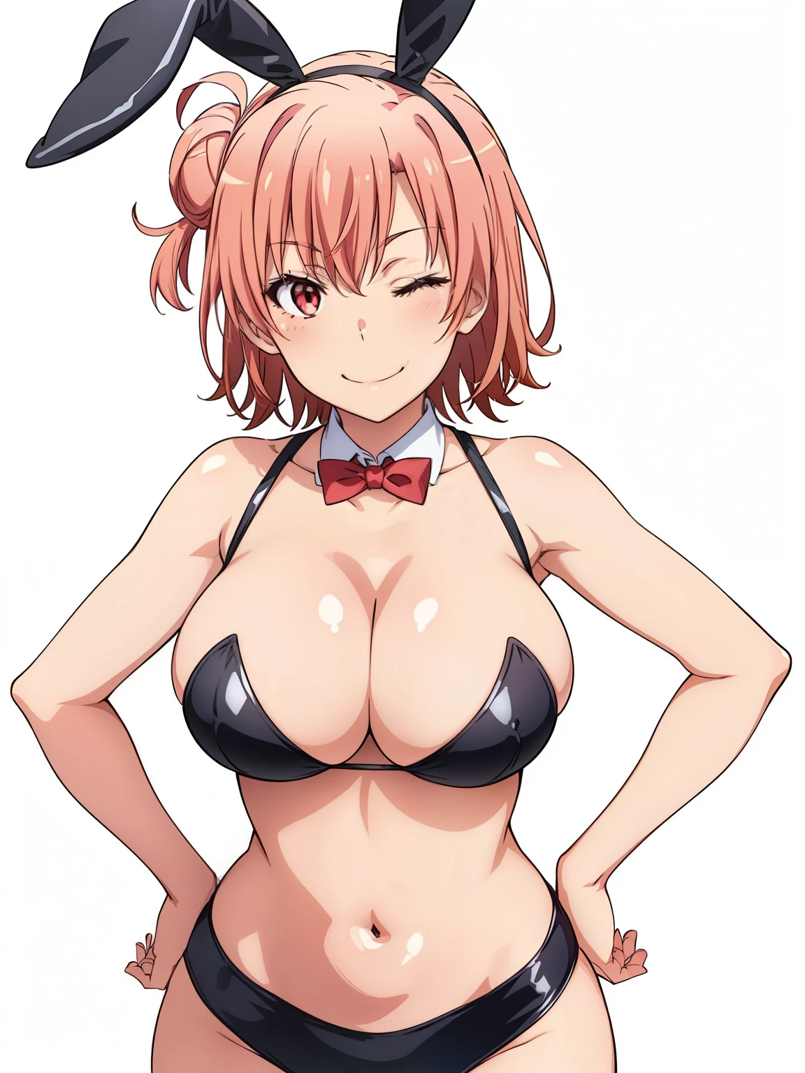 ((masutepiece, Best Quality, hight resolution, nffsw, Perfect Pixel, depth of fields, 4K, )), 1girl in, Solo, , Beautiful anime girl, Beautiful Art Style, close up, Looking at Viewer, Perfect body, Yuigahama Yui, Short hair, pink hair, hairbun, (large boob), cleavage, black playboy bunny, red bowtie, smiling, winking, wink, one eye closed, hands on hips, blank white background, cowboy shot