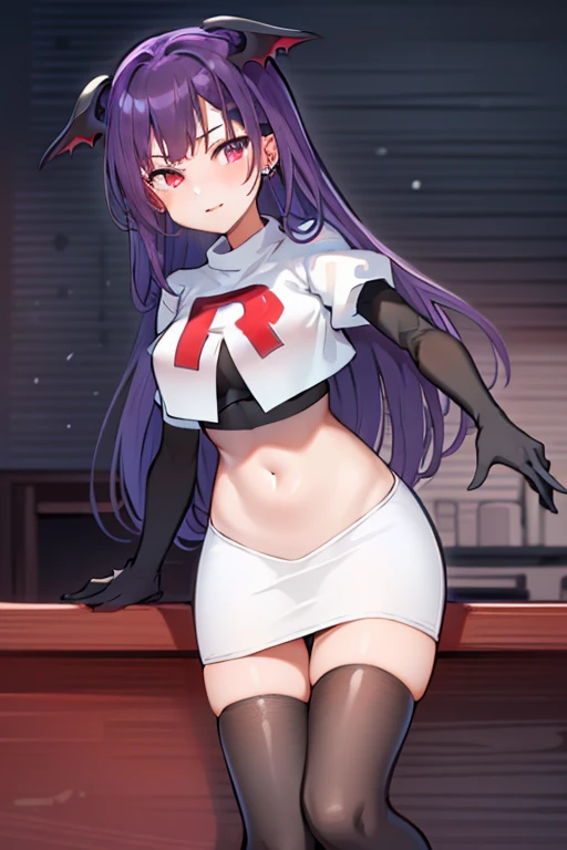 masterpiece, hd, 1girl, mythia, purple long hair, bat ears, red eye, team rocket,team rocket uniform,white skirt,red letter R,crop top,black thigh-highs,black elbow gloves