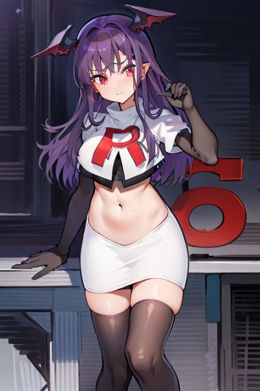 masterpiece, hd, 1girl, mythia, purple long hair, bat ears, red eye, team rocket,team rocket uniform,white skirt,red letter R,crop top,black thigh-highs,black elbow gloves