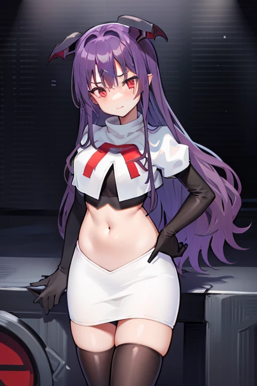 masterpiece, hd, 1girl, mythia, purple long hair, bat ears, red eye, team rocket,team rocket uniform,white skirt,red letter R,crop top,black thigh-highs,black elbow gloves