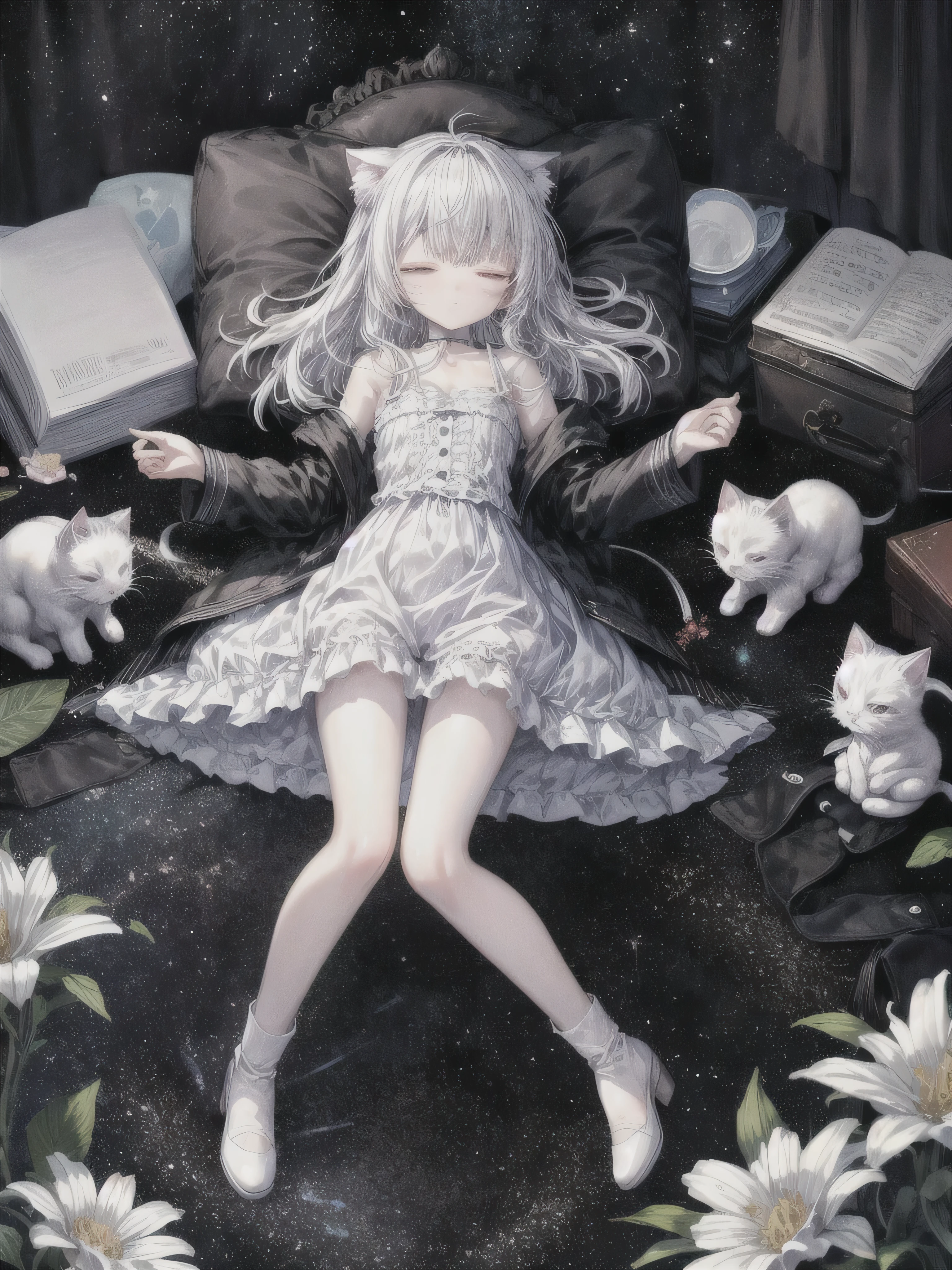 A and a fluffy white kitten, flowers, sleeping, long black hair, night, starry sky