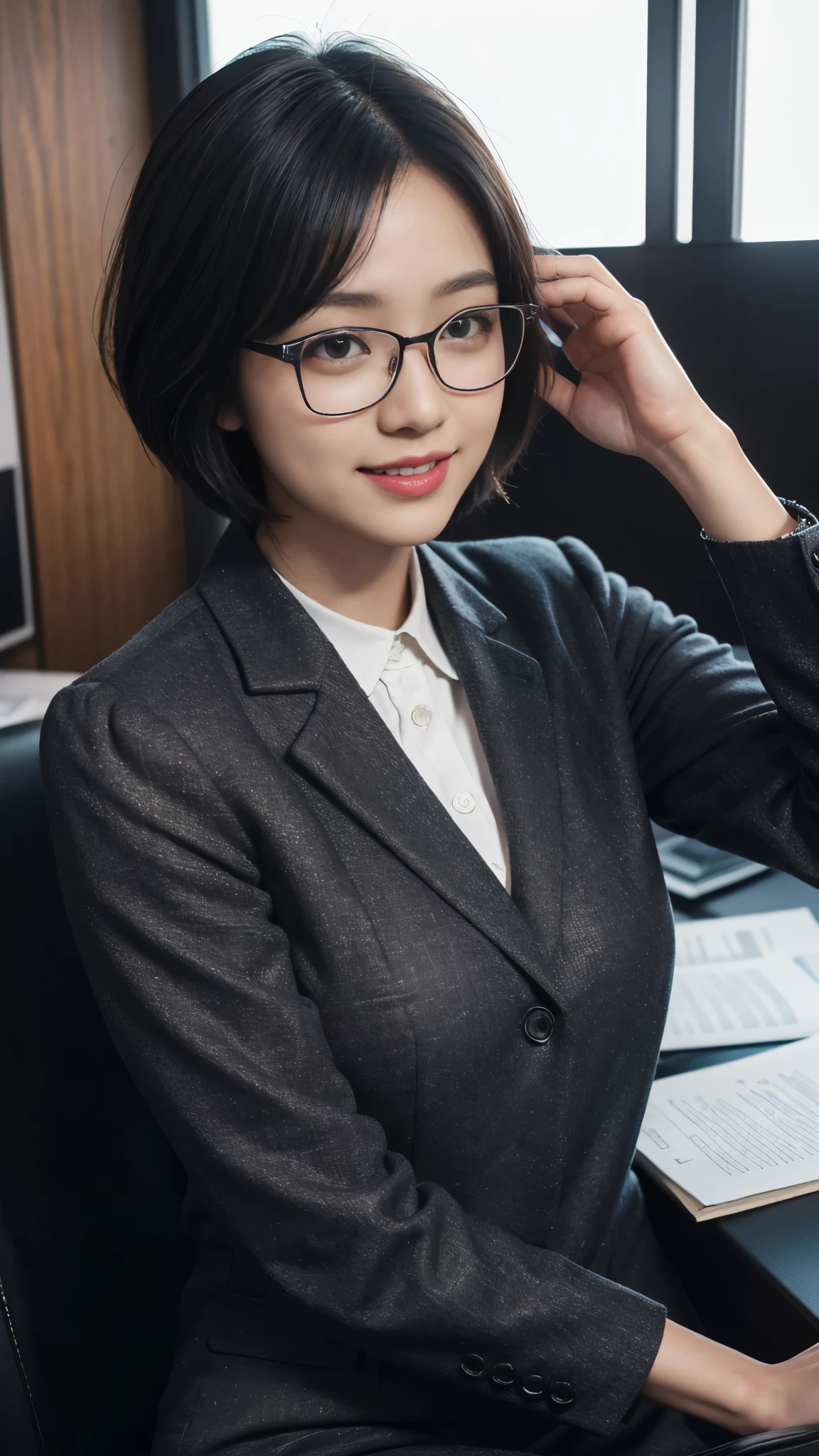 (dramatic angle)(Ultra high definition)(masterpiece)(Textured skin)(Very detailed)(high quality)(最high quality)(First Person View)(16k )Office Lady,1 person,Cute woman,,Black Hair,smile,short hair,Glasses