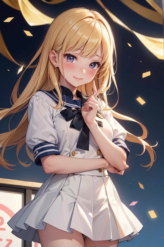 masterpiece、Soft Focus , Bright gradient watercolor、Tabletop, High resolution, 8k, Anime Women, Delicate and detailed writing 、Detailed digital illustration、high resolution, high quality、Detailed Background、Close-up photo、(((Two arms、Four fingers, One thumb)))、Detailed female face、
(highest quality:1.2, Very detailed, High Contrast, masterpiece:1.2, highest quality, Best aesthetics), Golden trophy and high school girl, Sailor suit, ((Detailed fingers, Browse 4, Thumb 1, Beautiful fingers, delicate)), fun experience, Smiles and tears, Sparkling confetti of celebration, A lavish celebration, Detailed trophy decoration, Illustrious career, triumphant moment,