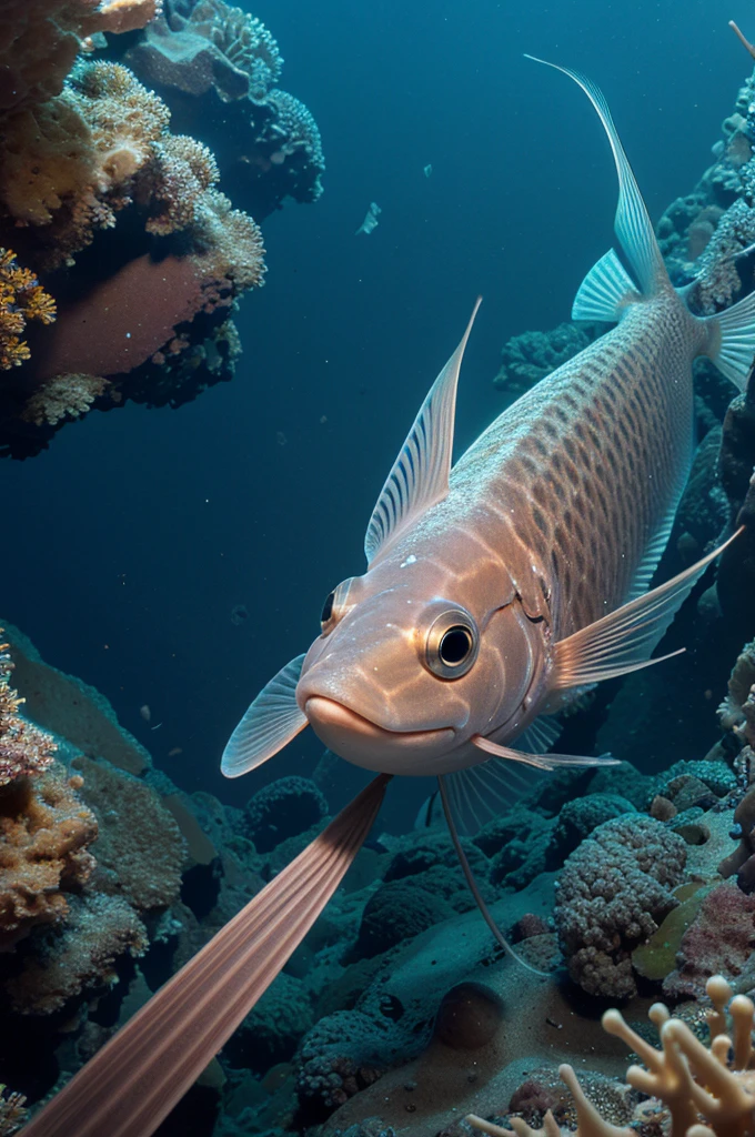 A tripod fish resting on the soft sediment of the deep seafloor.