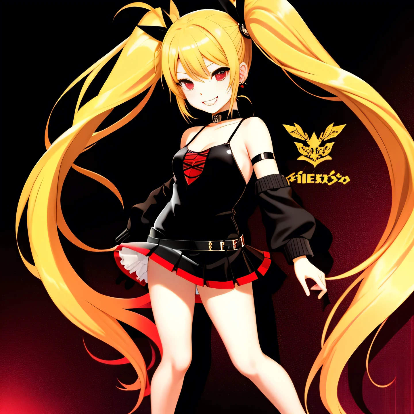 full body Esbian, masutepiece: 1.2, Highest Quality), (Live-action, elaborate details), (1 Lady, Solo, Upper body,) Clothing: Edgy, Black long jumper, red miniskirt, long hair with blonde twin tails,,,,,,,、Avant-garde, Experimental appearance: Long blonde twin tail hair 、Red eyes、Heart-shaped choker、The location: karaoke、Solo, Nice smile、Value Creation in Mixed Media Art: individuality, authenticity, Creative expression