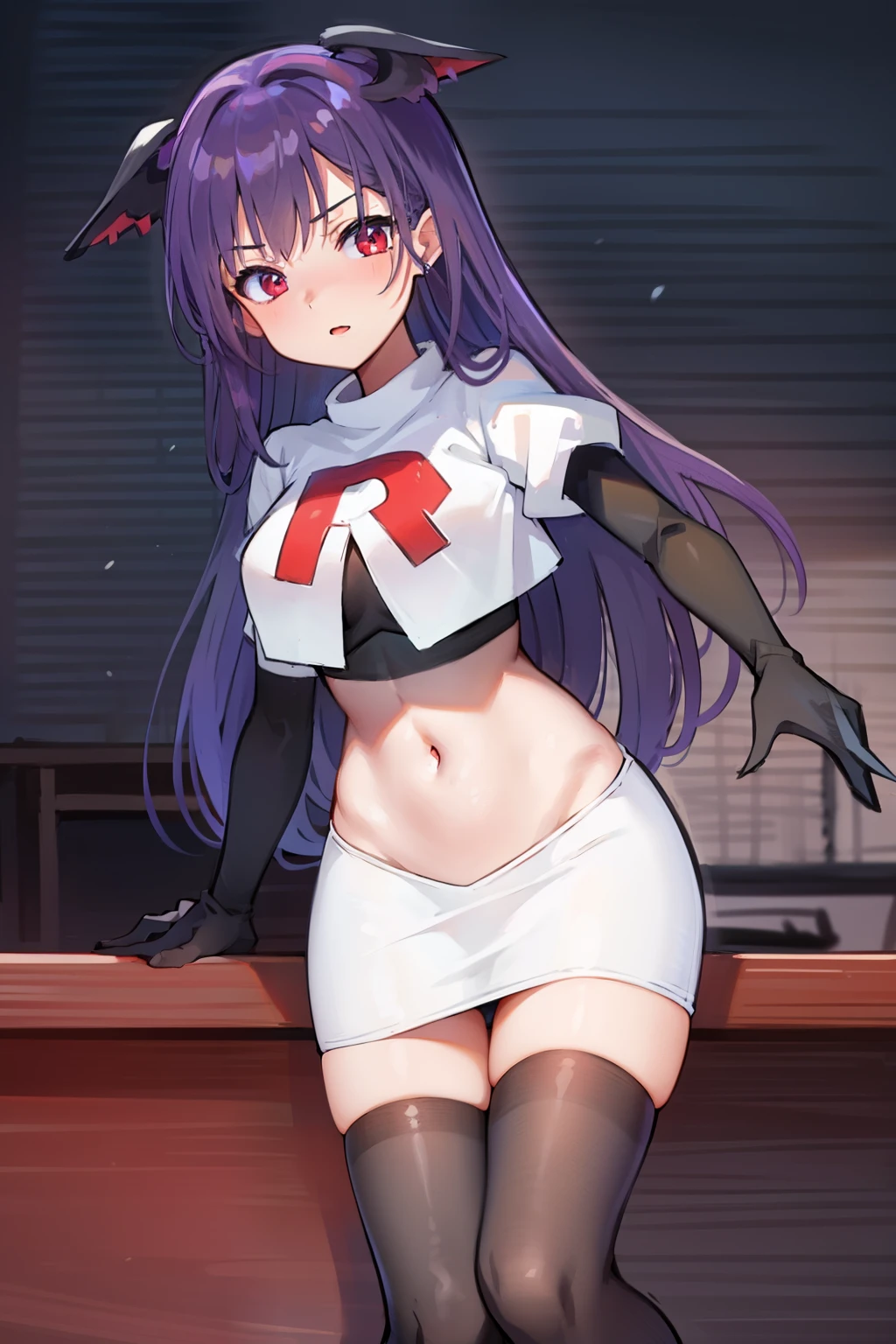masterpiece, hd, 1girl, mythia, purple long hair, bat ears, red eye, team rocket,team rocket uniform,white skirt,red letter R,crop top,black thigh-highs,black elbow gloves