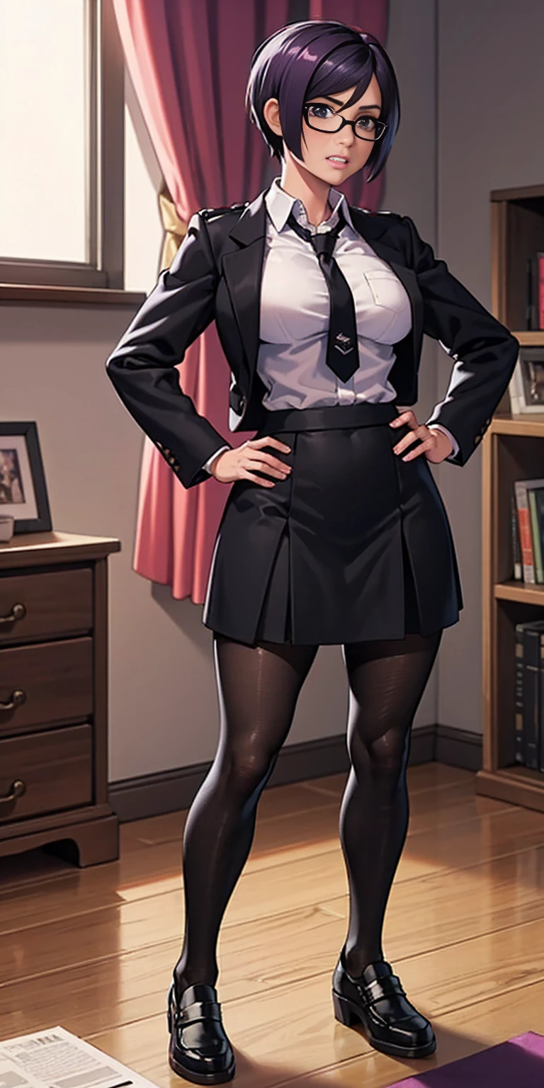 (high quality:1.1), cinema lighting, extremely detailed, Calhoun, standing, hands on hips, determined, clenched teeth, purple hair, black hair, short hair, lips, purple eyes, glasses, uniform, necktie, white shirt, skirt, pantyhose, shoes, large breasts, thighs, messy room, window, sky,