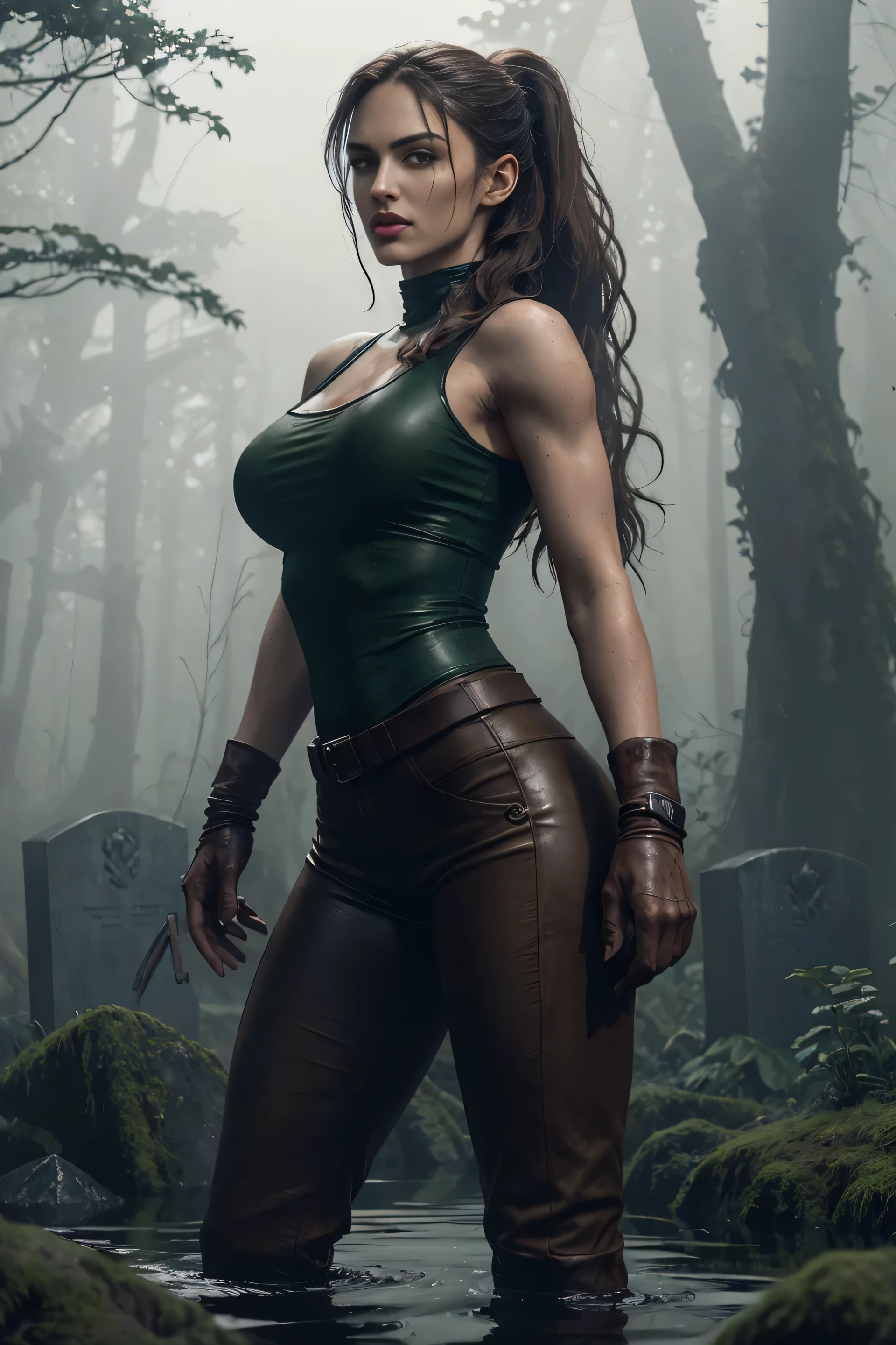 full body lara croft, long brown ponytail, brown eyes, high arched eyebrows, long graceful neck, red lips, big breasts, short tight brown leather pants, pale green sleeveless torn t-shirt, leather boots, in an ancient cemetery overgrown with abandoned plants, standing with her back among the graves stretches his hand to the moon (realistic, photorealistic, photorealistic:1.37 ), horror, dark and gloomy mood with dramatic lighting, Vibrant colors, Foggy environment, Mossy trees, detailed facial expressions, long wavy hair floating in water, Mirror images on the surface of the water, Horrifying mist