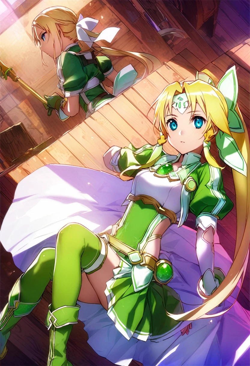 highest quality、unity 8k wallpaper、32k、masterpiece、Very detailed、Ultra-high resolution、Very detailedな顔、RAW Photos、Professional、Ultra-fine painting、Terraria Leafa the Magical Fairy Swordsman、Blonde long hair、White headband、White Hair Ribbon、blue eyes、Green magical girl costume、Blonde ponytail、White headband、White Hair Ribbon、Yellow ribbon with a large emerald brooch、White pleated skirt with green lines、Green and yellow long gloves、Green thigh-high stiletto boots with gold molding、