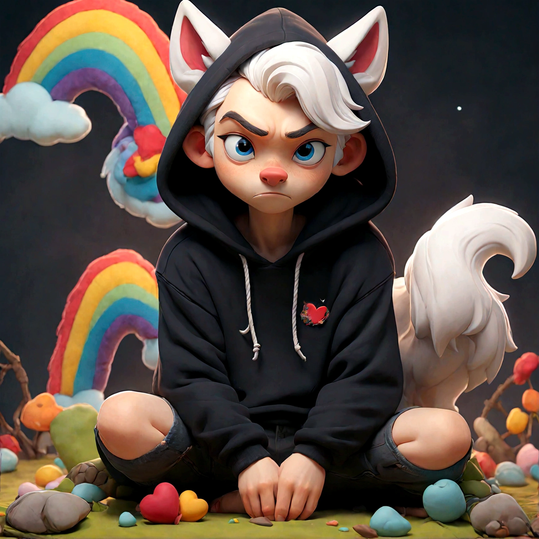 a cute adult male with wolf ears, white hair, has a wolf tail, wearing a loose cropped oversized black hoodie, wearing a pair of denim short shorts and thigh high fishnet stockings, thick thighs, wide hips, relaxing on mound of fluffy multi colored kawaii plushies, short, very slim, showing slender tummy, stretching out, heart on hoodie, squishy thighs, has glowing blue eyes. alone, solo (ALONE)(SOLO), surrounded by rainbows, colorful galaxy backround, wipe opened mouth smile