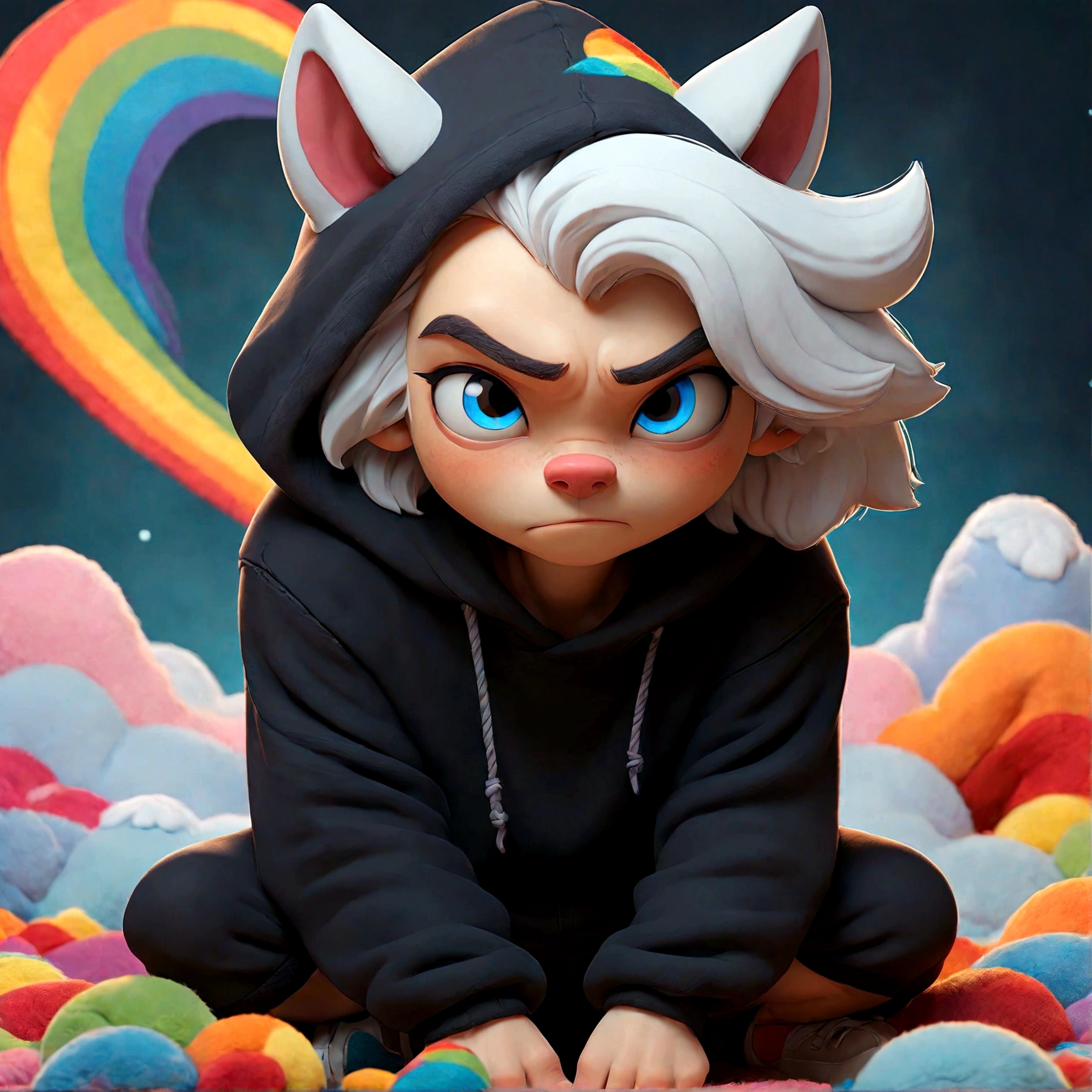 a cute adult male with wolf ears, white hair, has a wolf tail, wearing a loose cropped oversized black hoodie, wearing a pair of denim short shorts and thigh high fishnet stockings, thick thighs, wide hips, relaxing on mound of fluffy multi colored kawaii plushies, short, very slim, showing slender tummy, stretching out, heart on hoodie, squishy thighs, has glowing blue eyes. alone, solo (ALONE)(SOLO), surrounded by rainbows, colorful galaxy backround, wipe opened mouth smile
