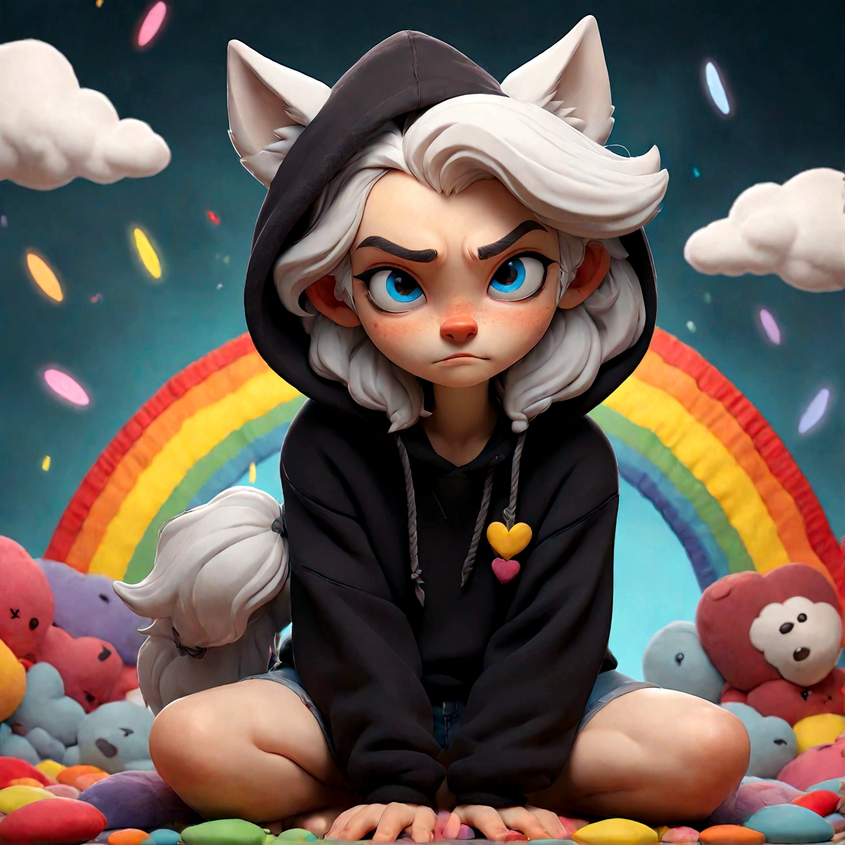 a cute adult male with wolf ears, white hair, has a wolf tail, wearing a loose cropped oversized black hoodie, wearing a pair of denim short shorts and thigh high fishnet stockings, thick thighs, wide hips, relaxing on mound of fluffy multi colored kawaii plushies, short, very slim, showing slender tummy, stretching out, heart on hoodie, squishy thighs, has glowing blue eyes. alone, solo (ALONE)(SOLO), surrounded by rainbows, colorful galaxy backround, wipe opened mouth smile