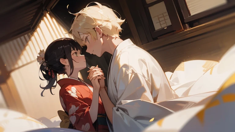 (masterpiece, best quality) detailed, Medium shot,Side lens,A man in kimono,People with light yellow short hair holding hands and looking into each other's eyes,Both of them closed their eyes and smiled.,Rainy Day,Fushimi Inari Taisha Shrine mystery wonderland
