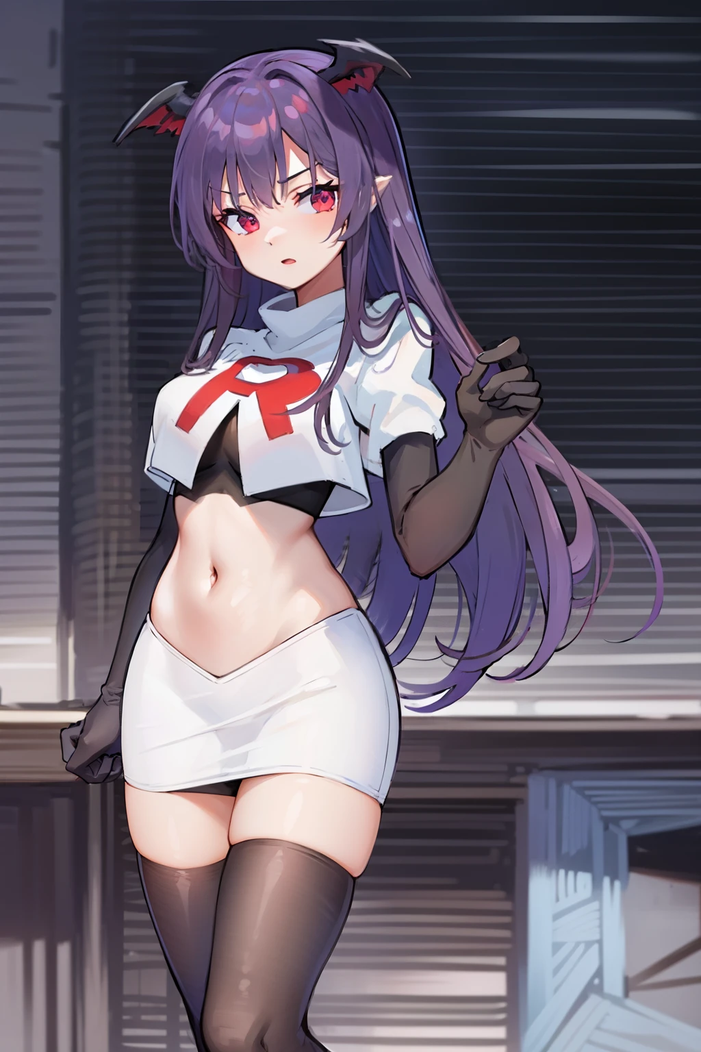 masterpiece, hd, 1girl, mythia, purple long hair, bat ears, red eye, team rocket,team rocket uniform,white skirt,red letter R,crop top,black thigh-highs,black elbow gloves