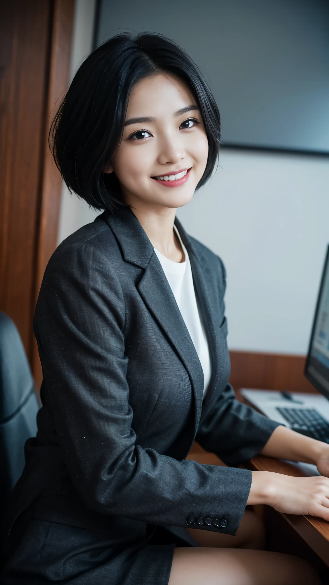 (dramatic angle)(Ultra high definition)(masterpiece)(Textured skin)(Very detailed)(high quality)(最high quality)(First Person View)(16k )Office Lady,1 person,Cute woman,,Black Hair,smile,nude,short hair