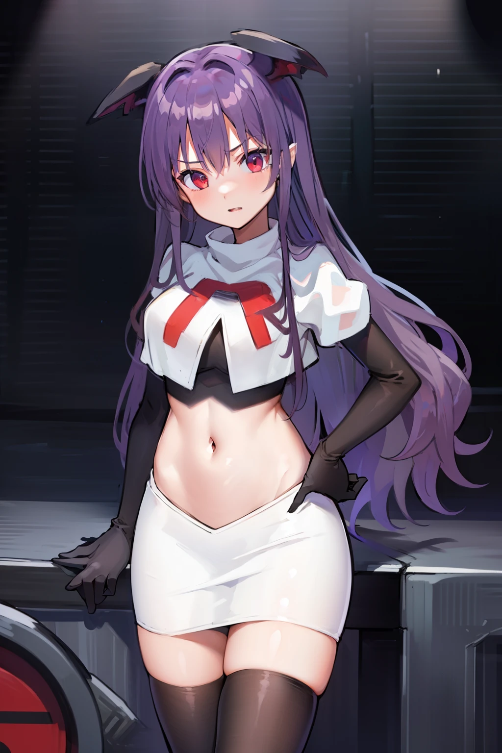 masterpiece, hd, 1girl, mythia, purple long hair, bat ears, red eye, team rocket,team rocket uniform,white skirt,red letter R,crop top,black thigh-highs,black elbow gloves