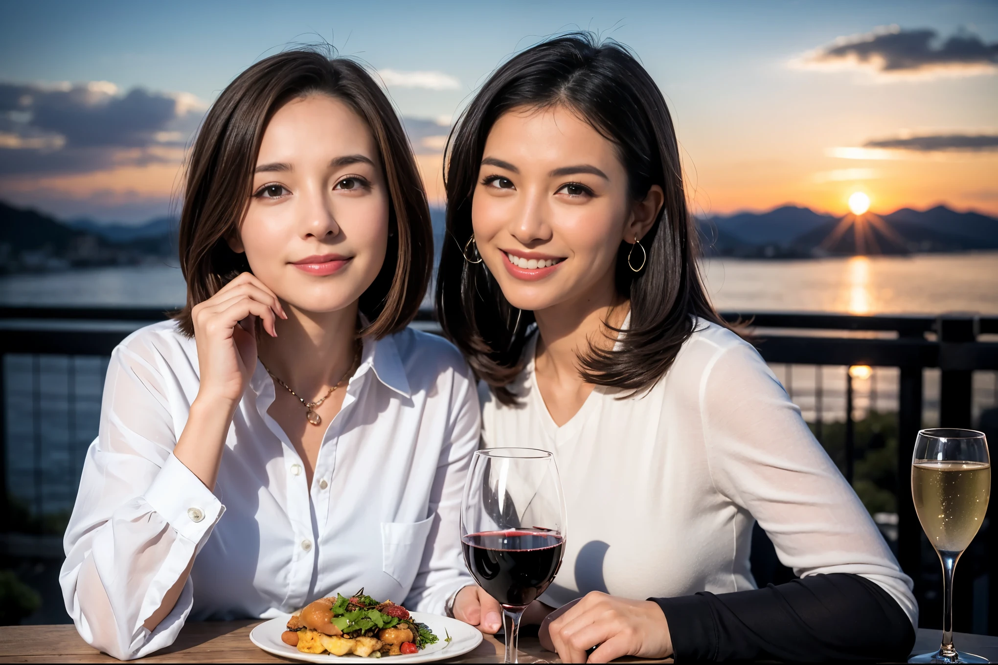 ((highest quality、8k、masterpiece:1.3))、1 male 1 female、lover、Beautiful couple、Smile、 (Slim face), (the body is スリム), (Brown Hair), (Shortcuts), ((Bob Hale、Straight hair:1.2)), テーブルの上のwine glass、Please shine a light on my face、 Amazing view of the sunset sky and clouds、Amazing mountain views、The beauty of a smile、Bright image、Blushing, Shortcuts,Bright Face、 (42 years old), 39 years old, red wine 、Appetizers、Italian food、Wine bottle、Champagne、sparkling wine、Long sleeve shirt、dress、Attractive beauty、restaurant, Nova Frog Style, actress, model, Upper Body, White wine, red wine, wine glass,