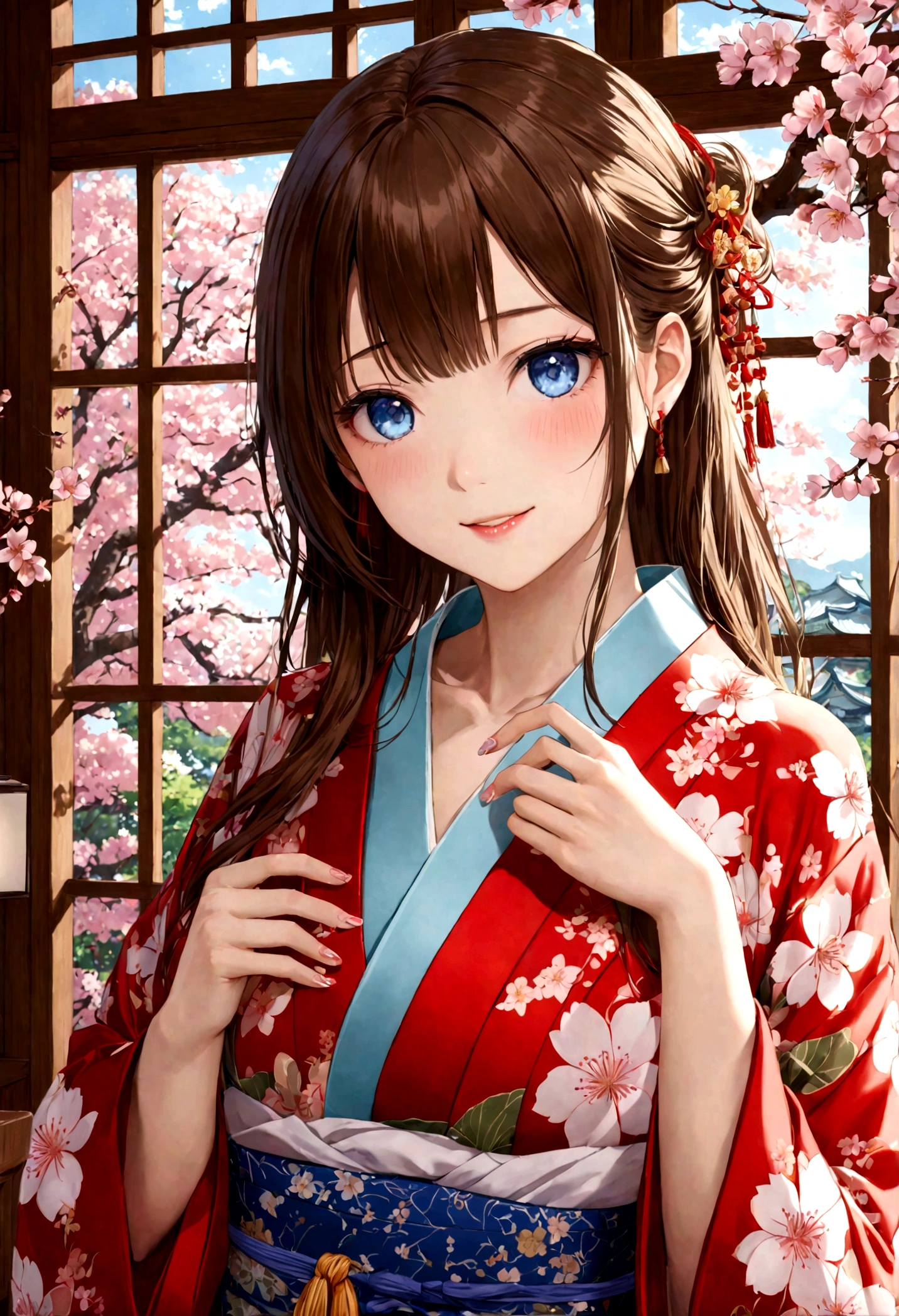 A masterpiece of a high school girl wearing a provocative kimono: A 16K UHD masterpiece unfolds in a Japanese-style room decorated with cherry blossoms and lanterns。An attractive young woman with brown hair flowing down her back、She wears a flowing kimono that accentuates her curves.。Her blue eyes sparkle with admiration as she smiles with her mouth open.、Her detailed features give off a blushing charm。Photorealistic images are、From the stitching on your kimono to every strand of hair、It captures every detail as the light flows gently behind her.。Her long fingers are adorned with intricate nails