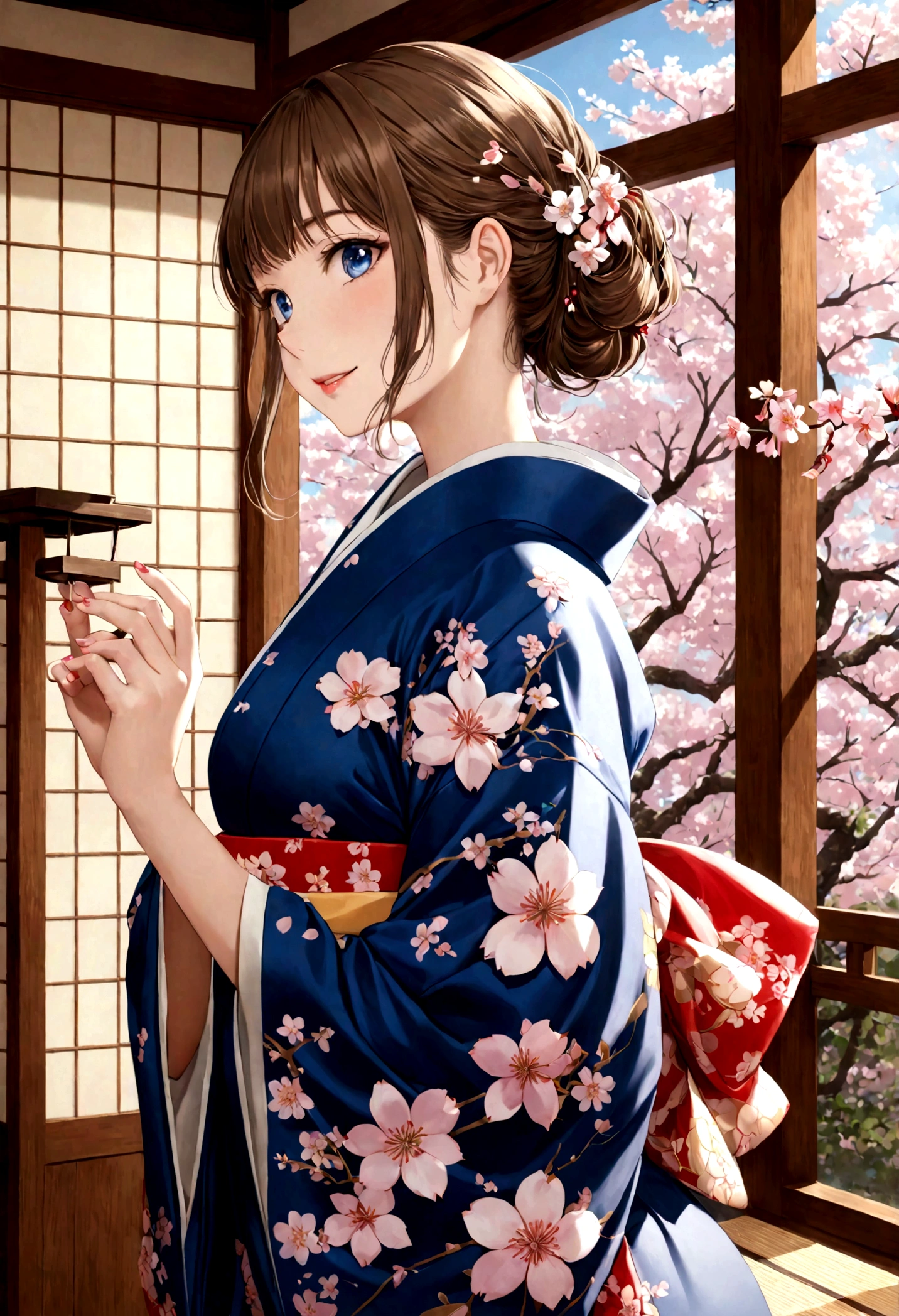 A masterpiece of a high school girl wearing a provocative kimono: A 16K UHD masterpiece unfolds in a Japanese-style room decorated with cherry blossoms and lanterns。An attractive young woman with brown hair flowing down her back、She wears a flowing kimono that accentuates her curves.。Her blue eyes sparkle with admiration as she smiles with her mouth open.、Her detailed features give off a blushing charm。Photorealistic images are、From the stitching on your kimono to every strand of hair、It captures every detail as the light flows gently behind her.。Her long fingers are adorned with intricate nails