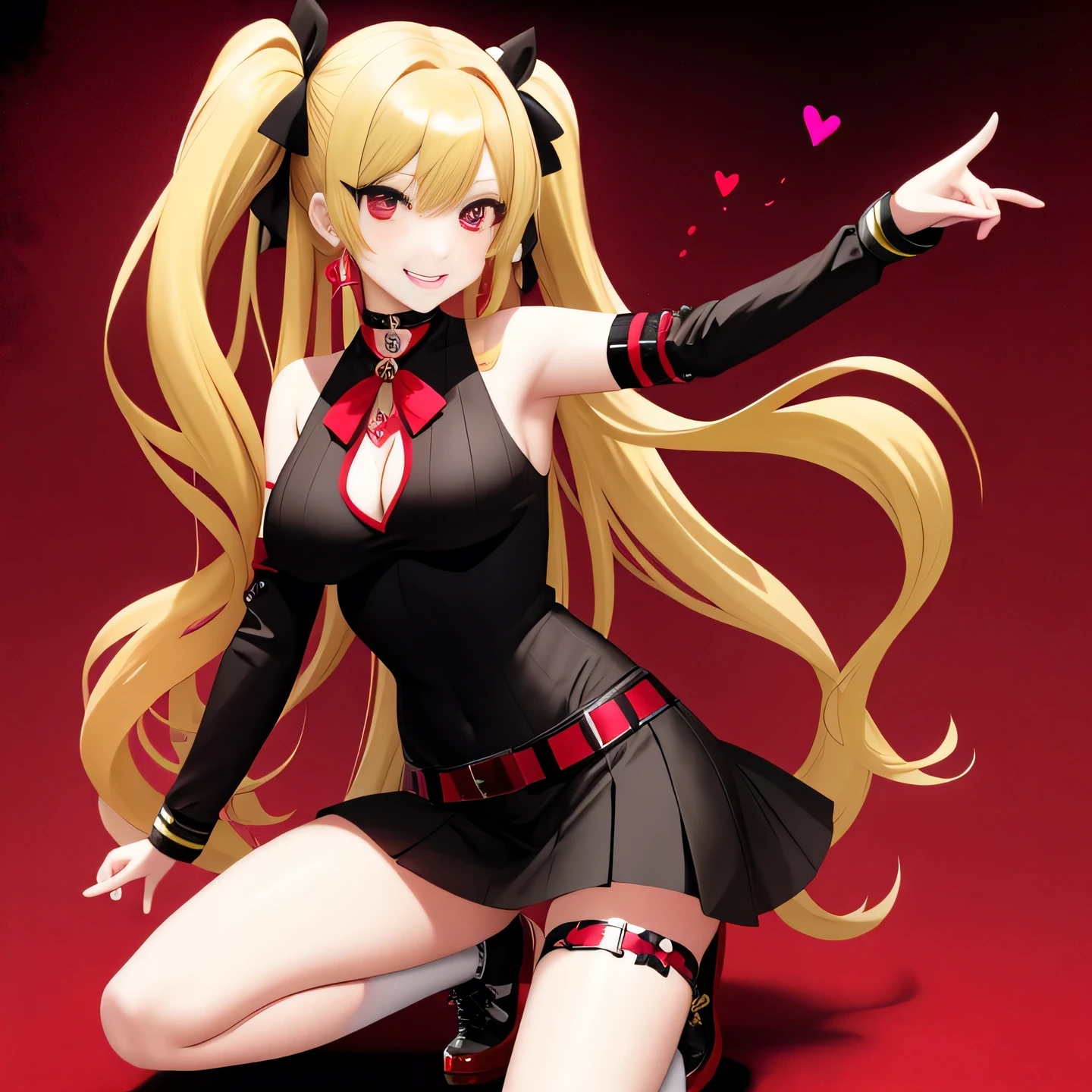 full body Esbian, masutepiece: 1.2, Highest Quality), (Live-action, elaborate details), (1 Lady, Solo, Upper body,) Clothing: Edgy, Black long jumper, red miniskirt, long hair with blonde twin tails,,,,,,,、Avant-garde, Experimental appearance: Long blonde twin tail hair 、Red eyes、Heart-shaped choker、The location: karaoke、Solo, Nice smile、Value Creation in Mixed Media Art: individuality, authenticity, Creative expression