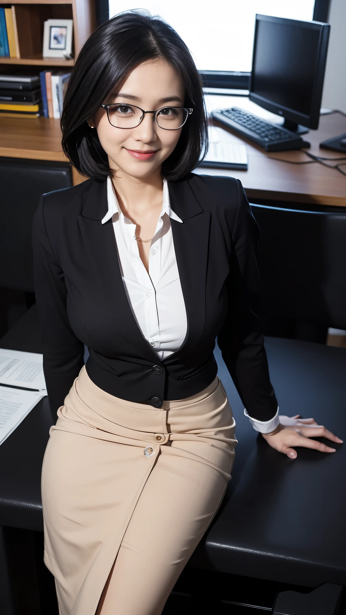 (dramatic angle)(Ultra high definition)(masterpiece)(Textured skin)(Very detailed)(high quality)(最high quality)(First Person View)(16k )Office Lady,1 person,Cute woman,,Black Hair,smile,nude,Wearing glasses