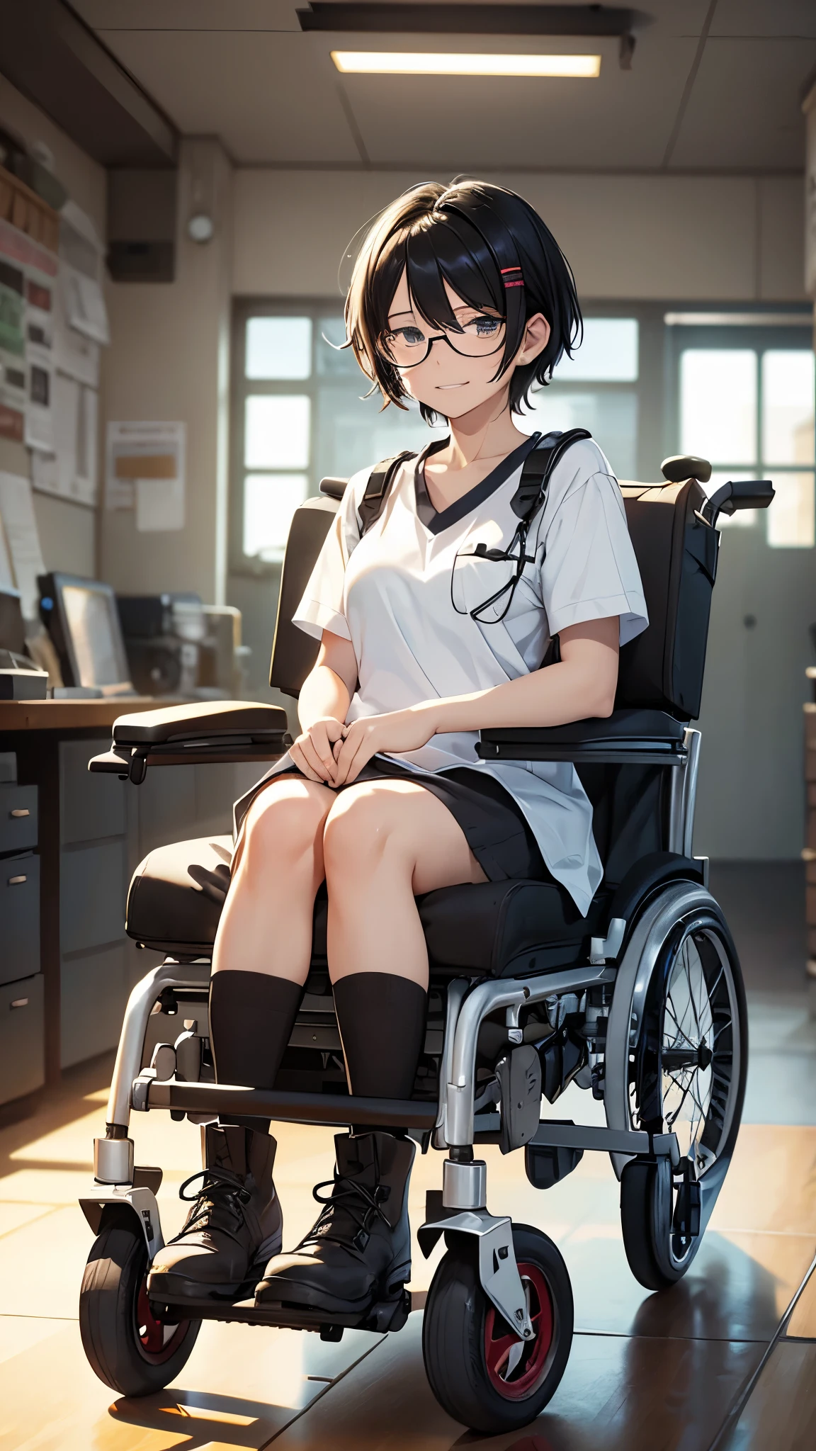 (Very detailed, Realistic), Hospital scene, [Moderate:Oil], [Professional:1.1], [Physically Based Rendering], [Bright colors], [Sharp focus], [Studio Lighting], [Extreme Detail], [highest quality,4K,8k,High resolution,masterpiece:1.2],(whole body),Inside the house,Inside the room,18-year-old girl,((Ride an electric wheelchair1.8)),((Operate a power wheelchair1.8)),((knee pads,Army Boots)),((covering one eye,Ragged short black hair,messy hair)),((she’s wearing glasses)),((despressed,despair,anxiety)),(Subservient laughter),((grin)),((bad mood)),((bad mood)),[Nervous eyes],(Casual women&#39;s fashion,dress),((Ride an electric wheelchair1.8)),((Operate a power wheelchair1.8))