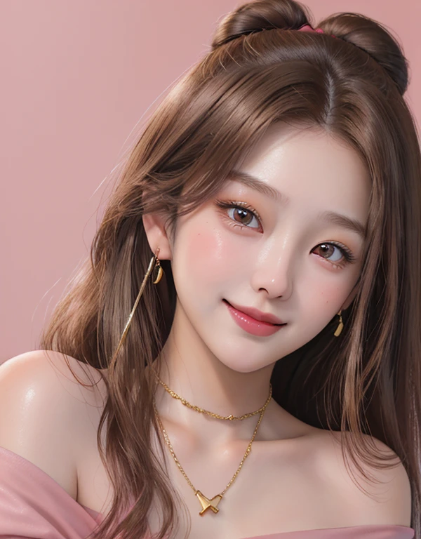 1 girl, 19 years old, south korean, 4k, masterpiece, soft skin, multiple frekles under eyes, long whavy brown hair, pink eyes, red lips, red eyeliners, off shoulder pink top, tattoo on the neck, gold jewels, gold necklase, happy, big smile, portrait, close shot, detailed face, facing camera.